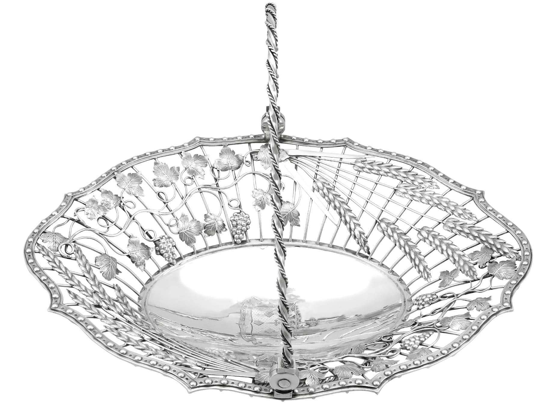 A magnificent, fine and impressive antique Georgian English sterling silver cake/fruit basket; an addition to our silver basket collection

This magnificent, fine and impressive antique George III sterling silver cake/fruit basket has an oval shaped