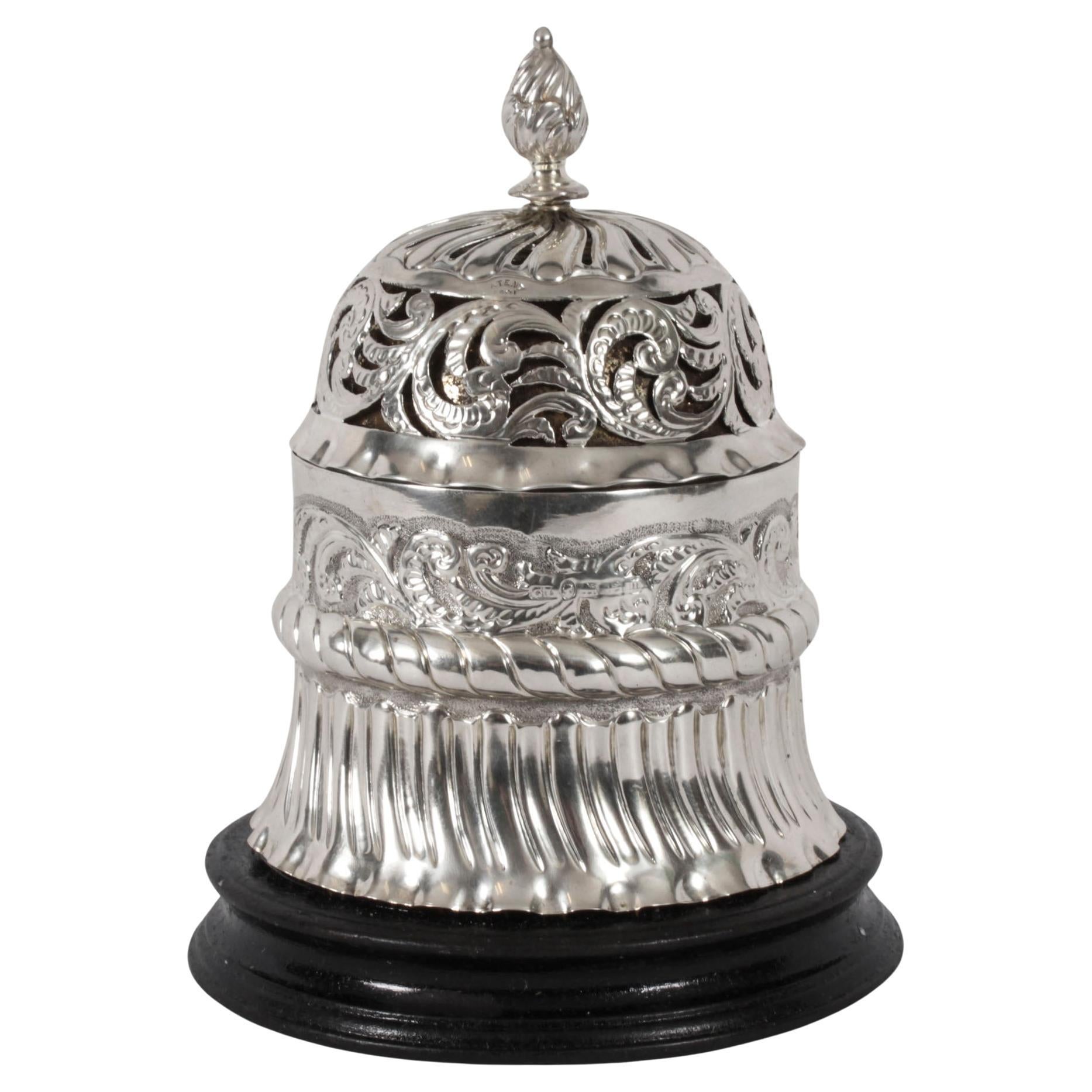 Antique Sterling Silver Call Desk Table Bell, George Unite 1886 19th Century For Sale