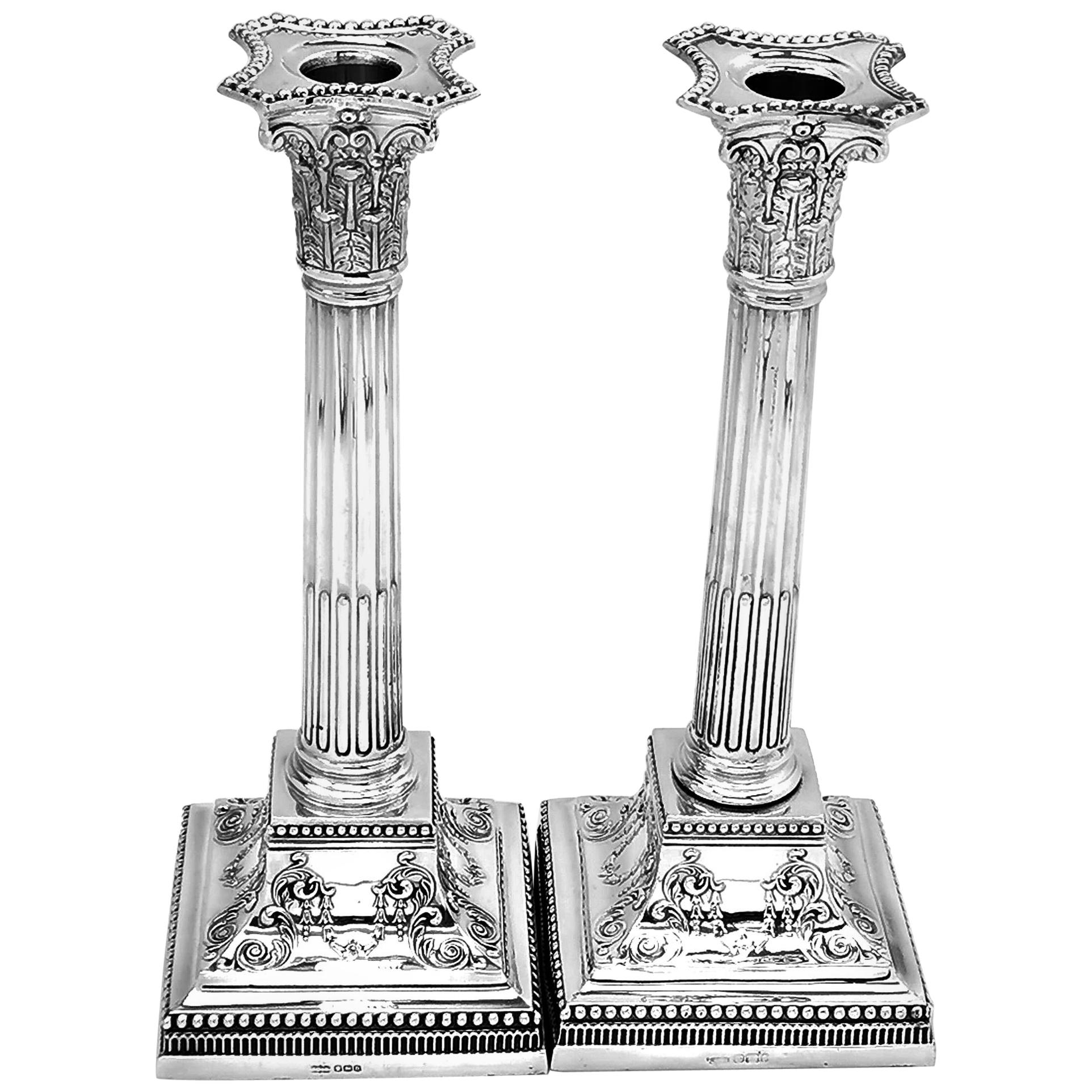 Antique Pair Sterling Silver Candlesticks 1901 Corinthian Column Candle Holders