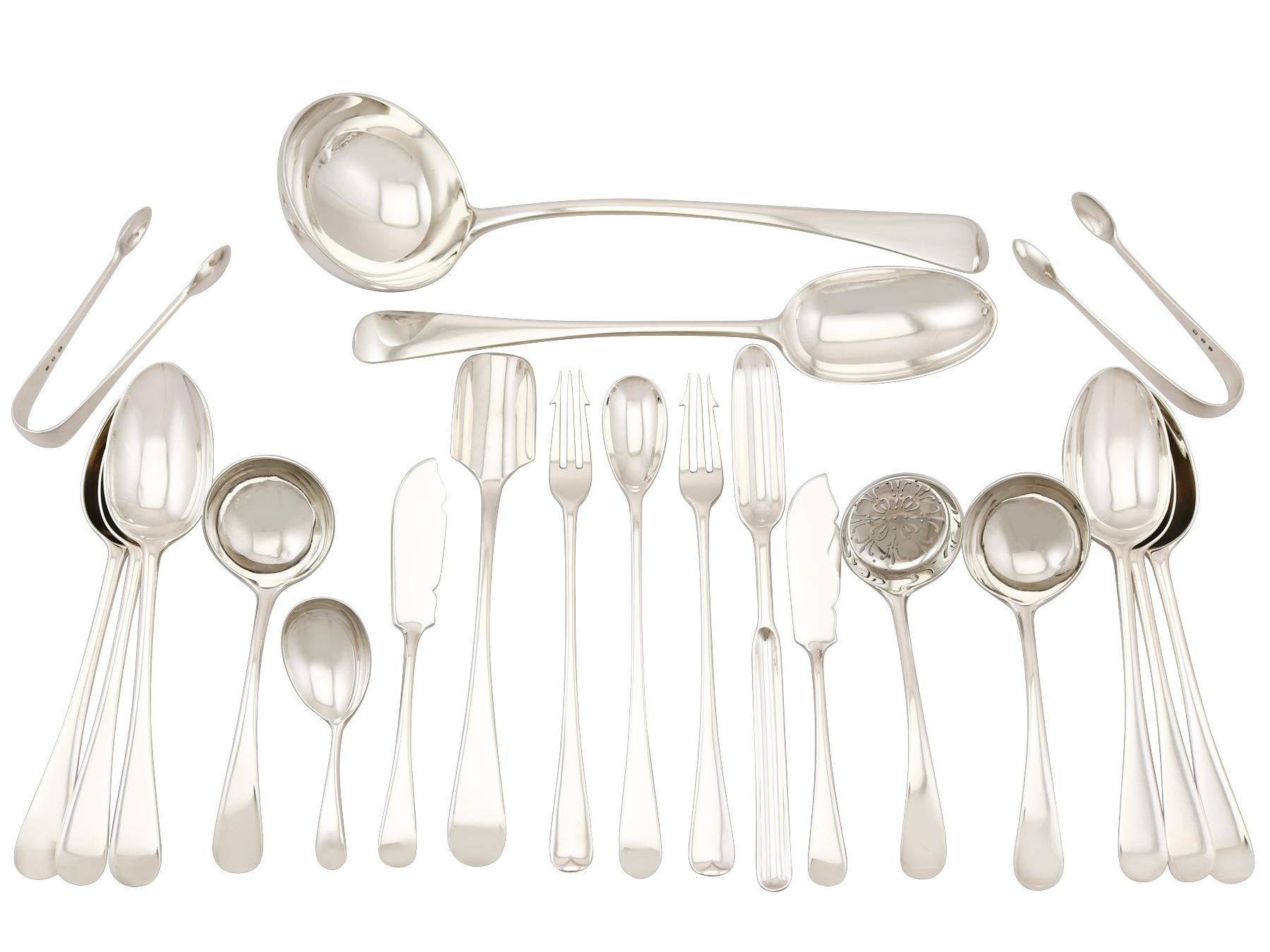 An exceptional, fine and impressive, comprehensive antique English sterling silver Old English pattern canteen of cutlery for twelve persons, an addition to our antique flatware sets.

The pieces of this exceptional antique George V sterling
