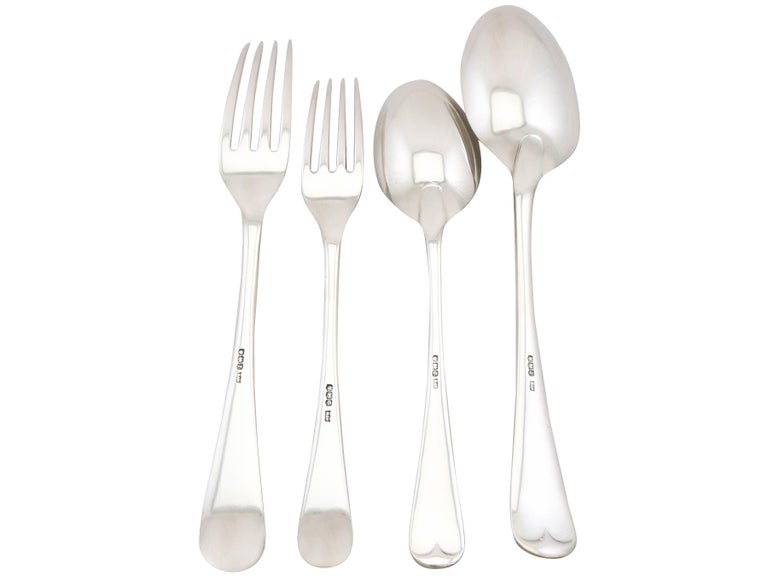 An exceptional, fine and impressive antique English sterling silver straight canteen of cutlery for six persons by Mappin & Webb Ltd; an addition to our antique flatware sets.

The pieces of this exceptional antique sterling silver flatware