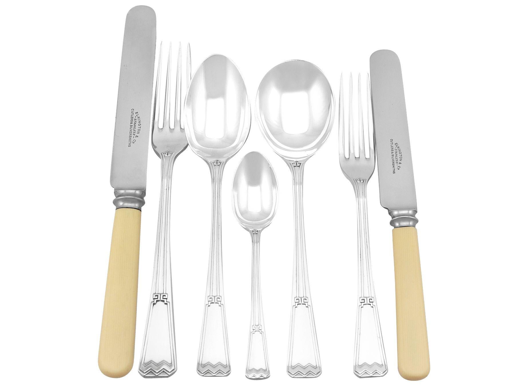 An exceptional, fine and impressive antique George V English sterling silver Art Deco flatware service for twelve persons; an addition to our antique flatware sets.

The pieces of this exceptional antique George V straight* sterling silver cutlery