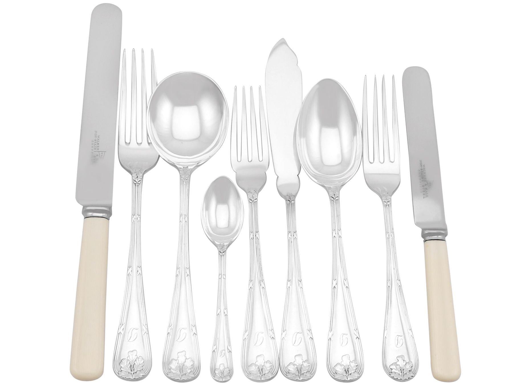 An exceptional, fine and impressive antique George V English sterling silver flatware service for twelve persons; an addition to our antique flatware sets.

The pieces of this exceptional antique George V sterling silver flatware set for twelve