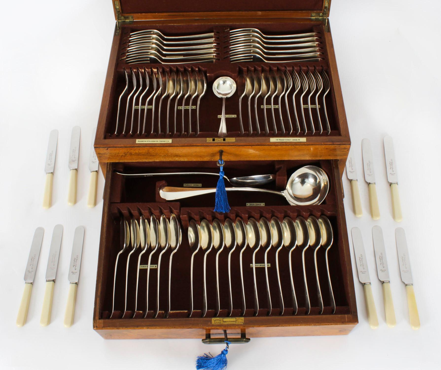 This is a wonderful 57 piece, pus 12 Knives, 12 place sterling silver canteen of cutlery in the original walnut canteen case.

The sterling silver cutlery is in the elegant Hanoverian pattern with hallmarks for Sheffield 1933 bearing the makers mark