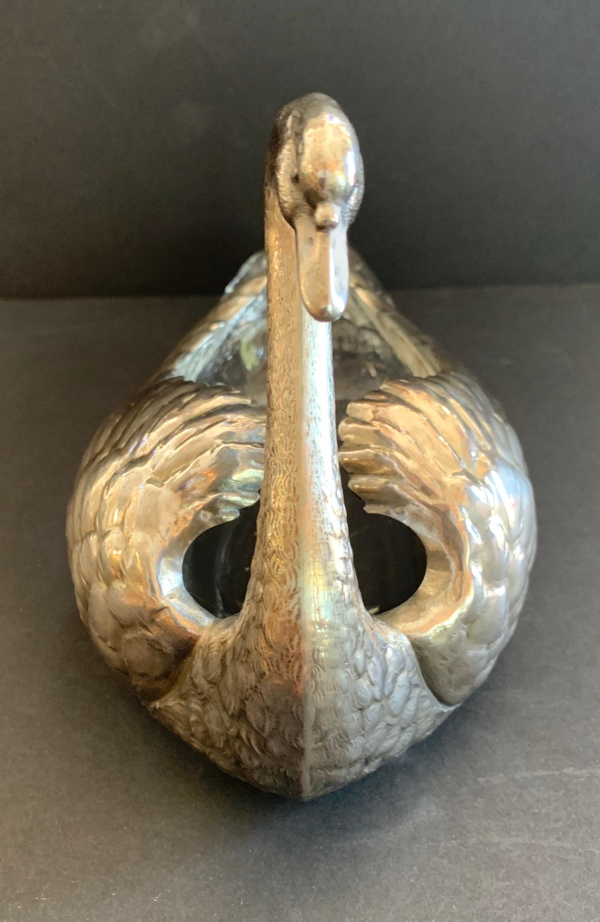North American Antique Sterling Silver Carved Rock Crystal Large Stately Swan Serving Piece