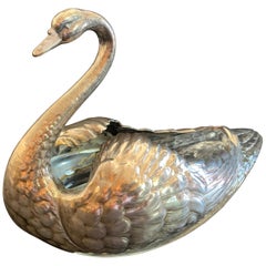 Antique Sterling Silver Carved Rock Crystal Large Stately Swan Serving Piece