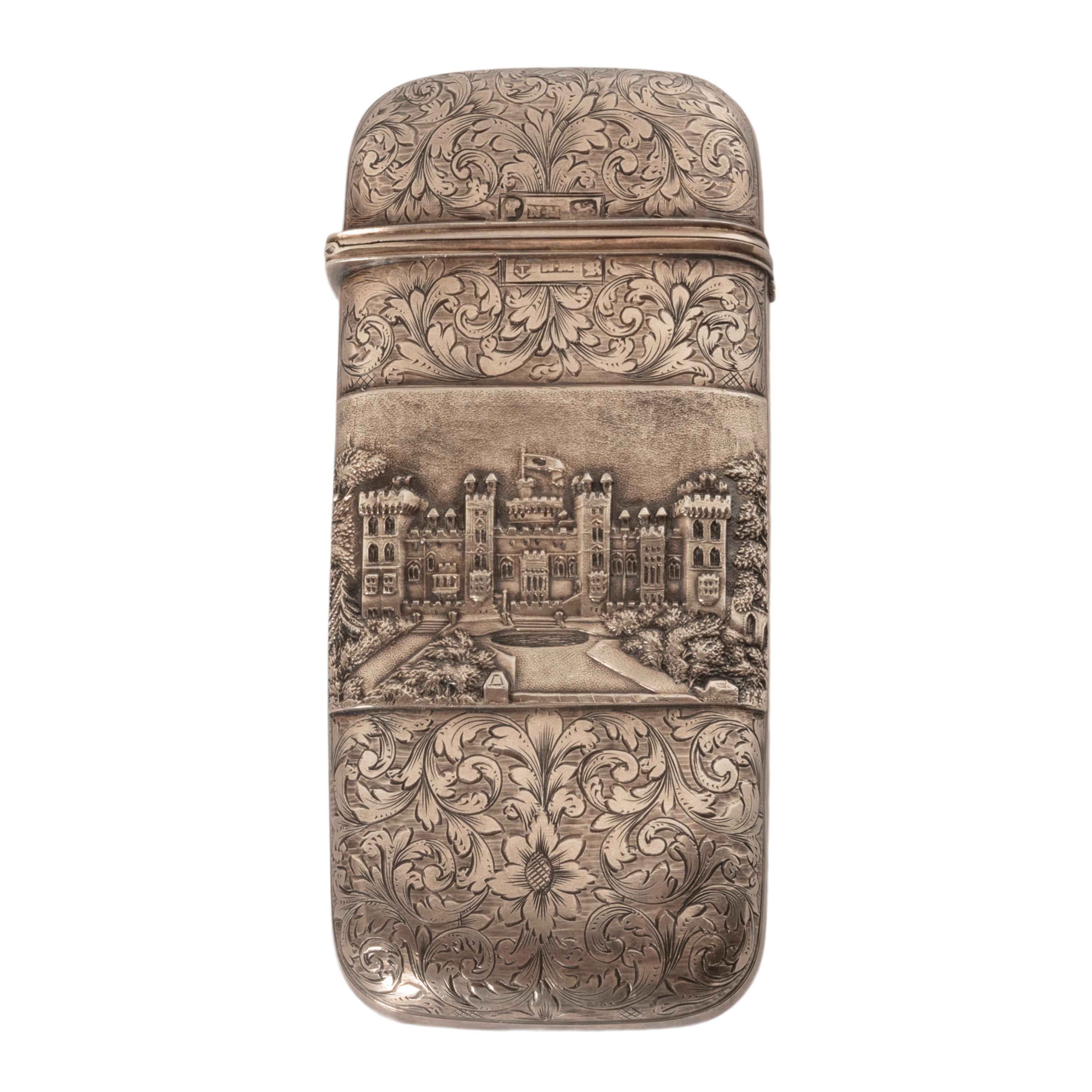 A very fine antique repousse work & engraved sterling silver gilt castle top cigar/cheroot case, Nathaniel Mills Birmingham 1840.
This very finely crafted silver case is made by the celebrated silversmith Nathaniel Mills. The case is engraved with