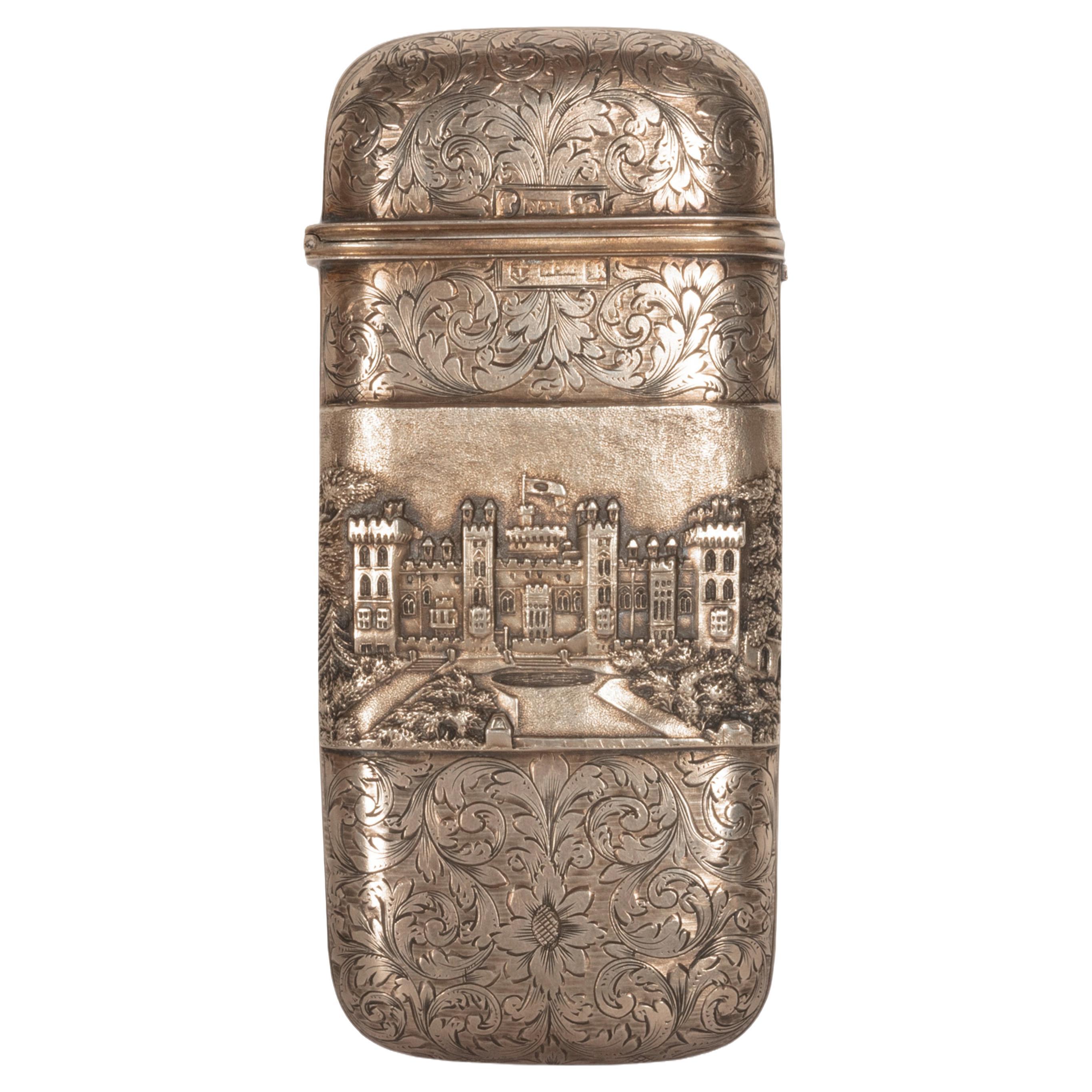 Antique Sterling Silver Castle Top Cigar Case Nathaniel Mills Birmingham 1840  For Sale