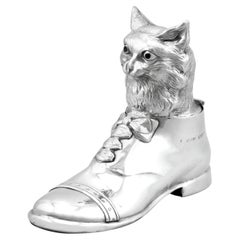Antique Sterling Silver Cat Inkwell 1913