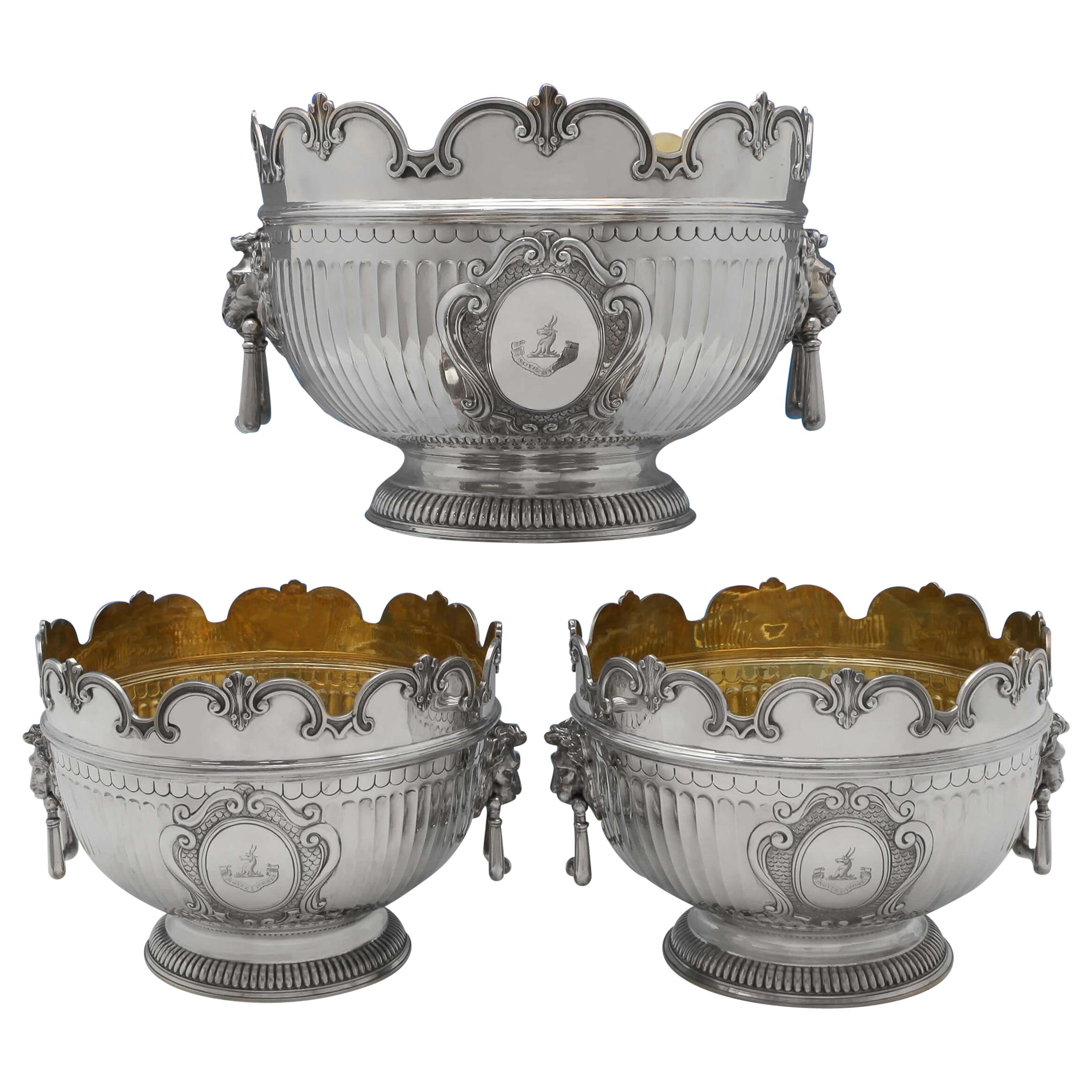 Antique Sterling Silver Centrepiece Suite of 3 'Monteith' Bowls by Barnards