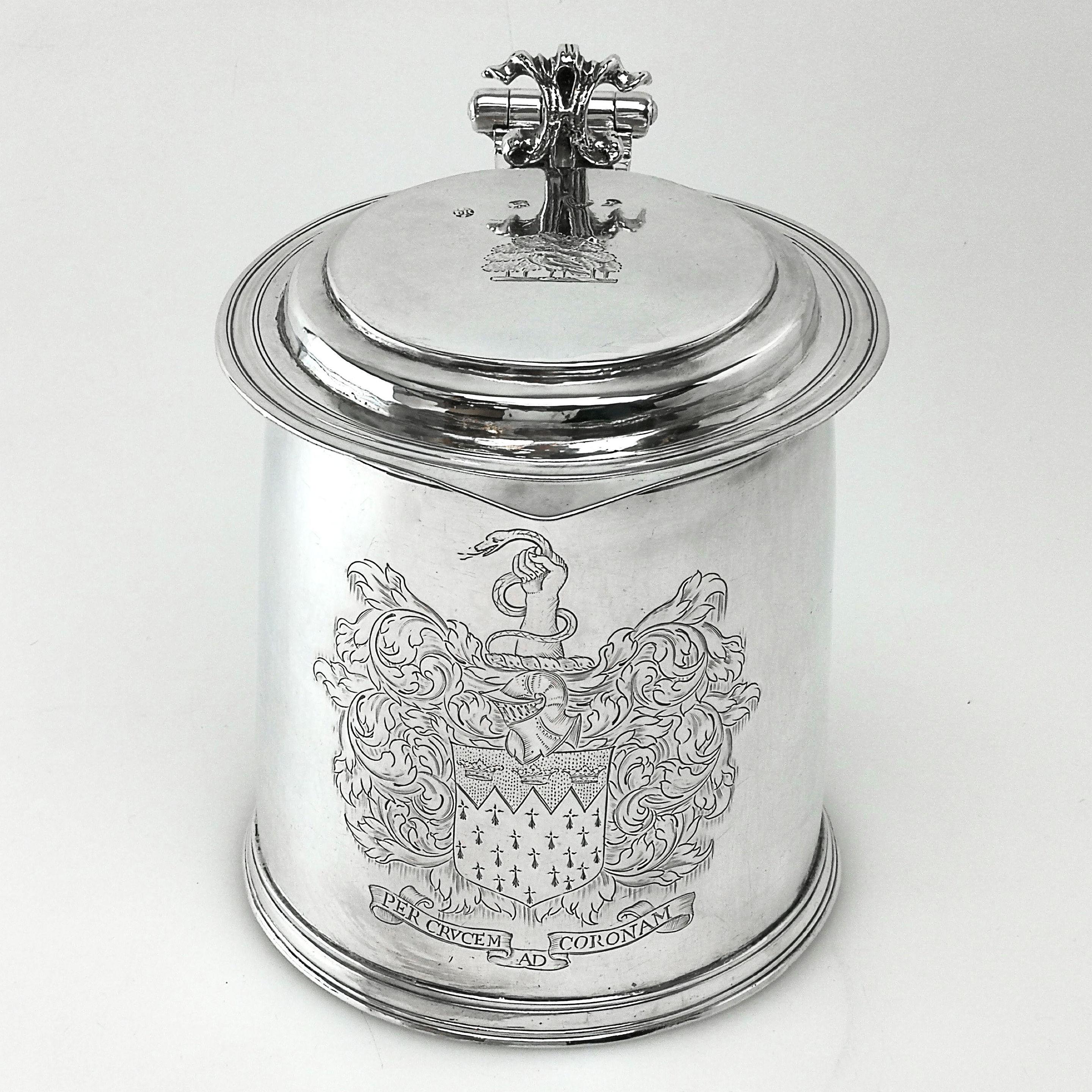 English Sterling Silver Charles II Lidded Tankard / Beer Mug London 1680, 17th Century