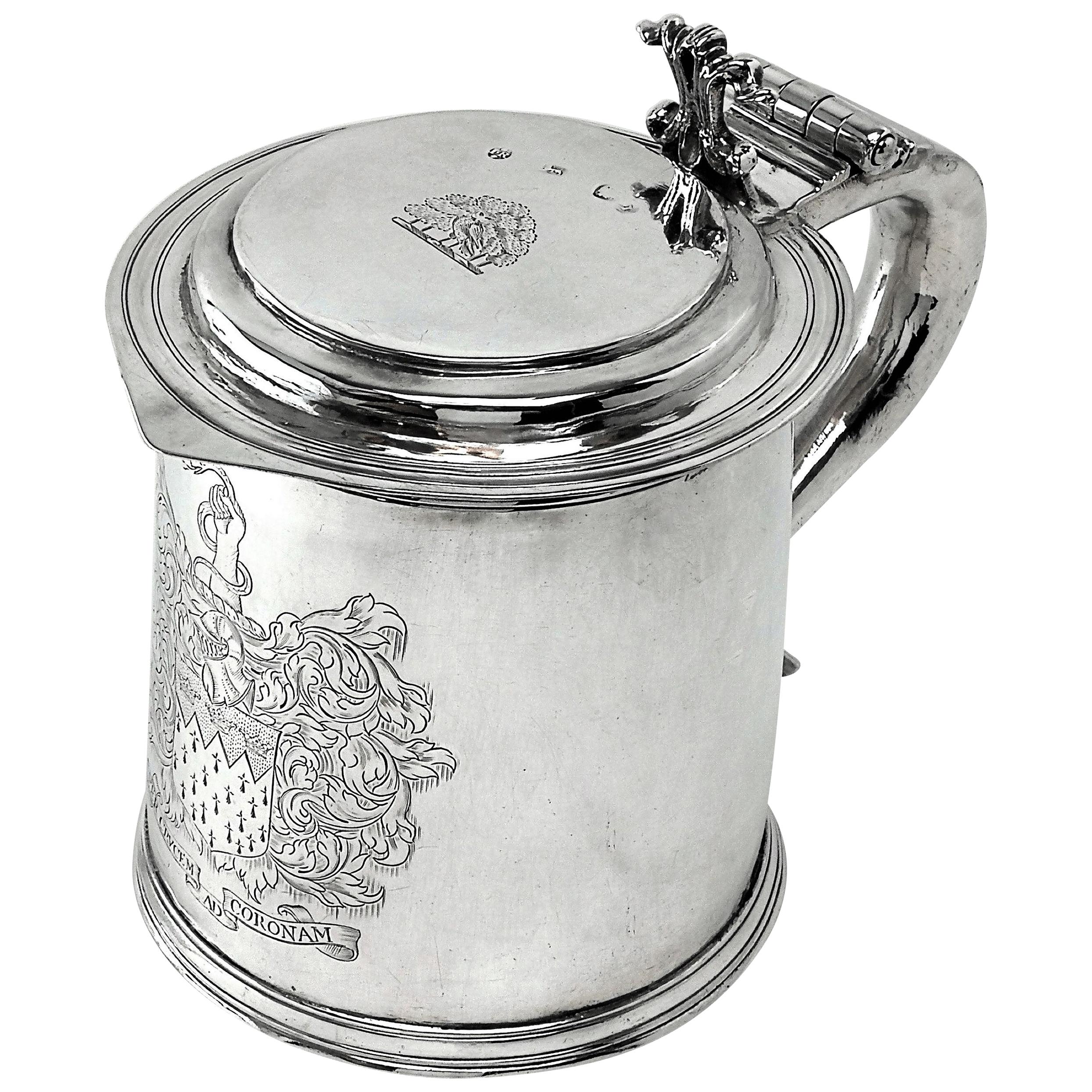 Sterling Silver Charles II Lidded Tankard / Beer Mug London 1680, 17th Century