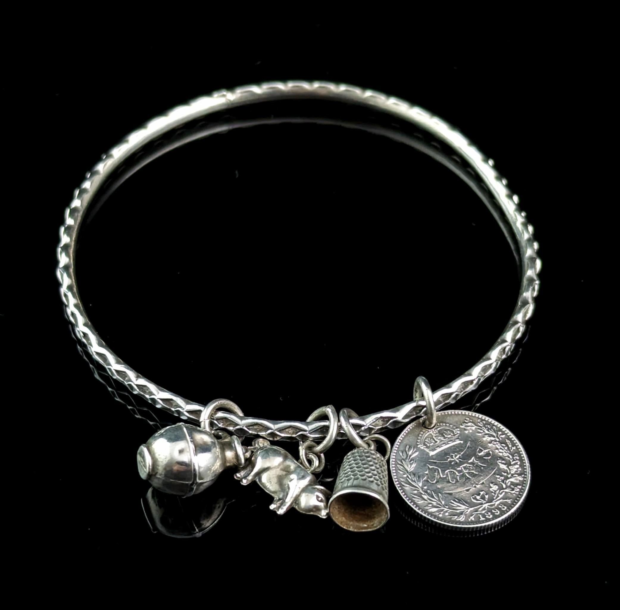 Women's Antique sterling silver charm bangle, bracelet, Lucky charms  For Sale