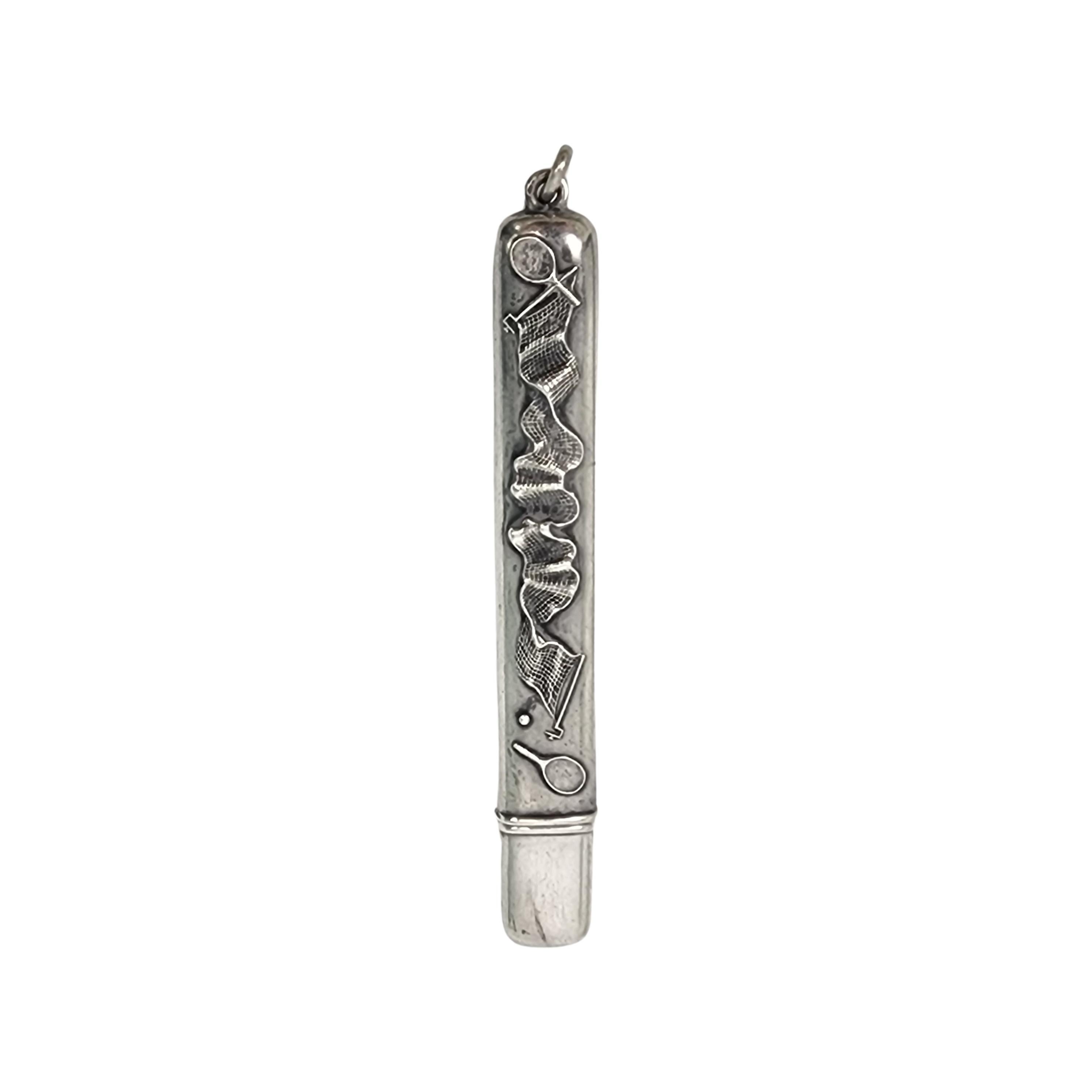 Antique sterling silver Chatelaine needle or pencil case.

This case features a tennis motif with a design including rackets, a net and a ball on each side. Can hold sewing needles or a pencil. Loop is attached for attaching to a chatelaine