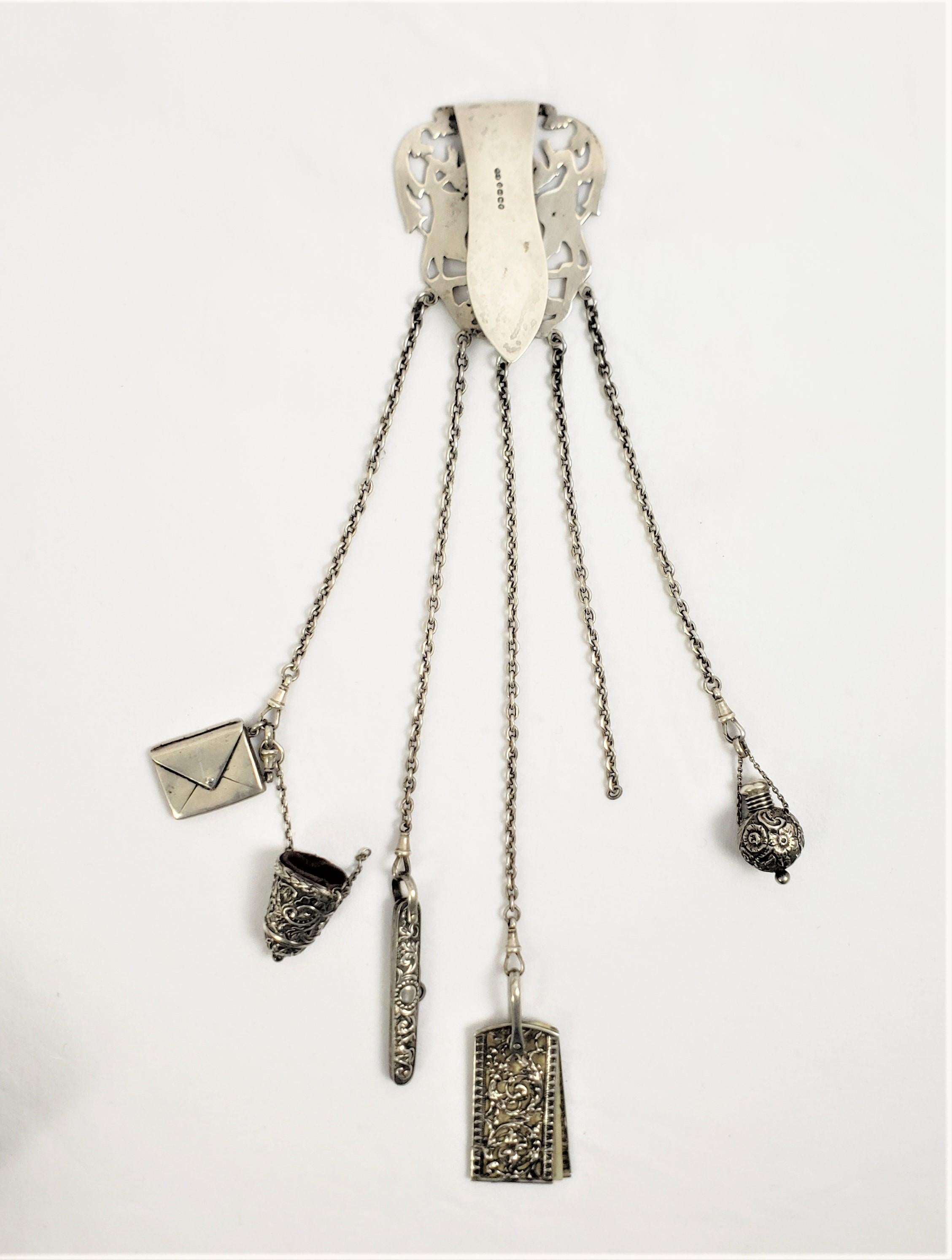 19th Century Antique Sterling Silver Chatelaine with Stylized Face & Exotic Bird Decoration