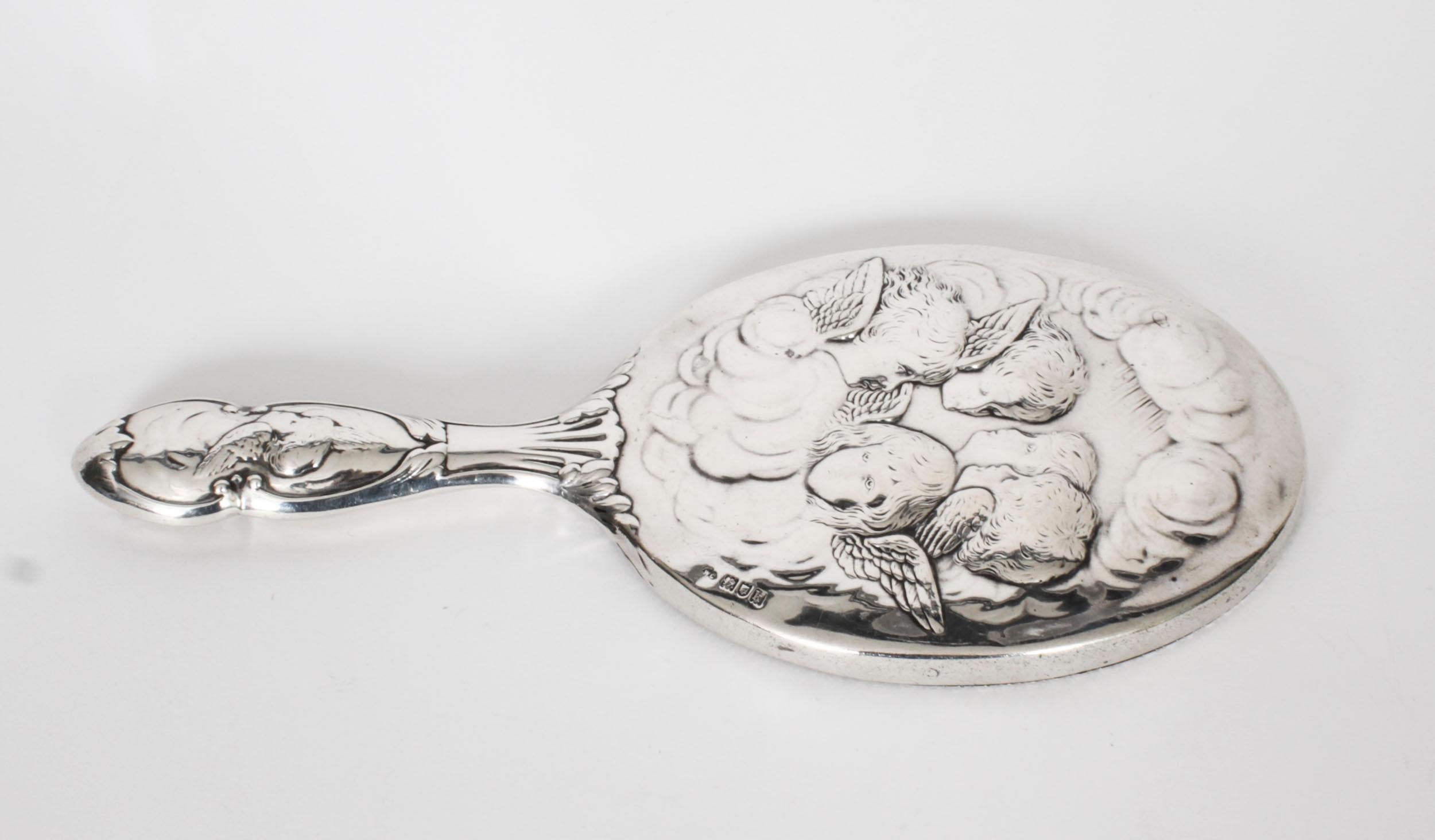 Antique Sterling Silver Cherubs Hand Mirror 1905 William Comyns & Sons. For Sale 8