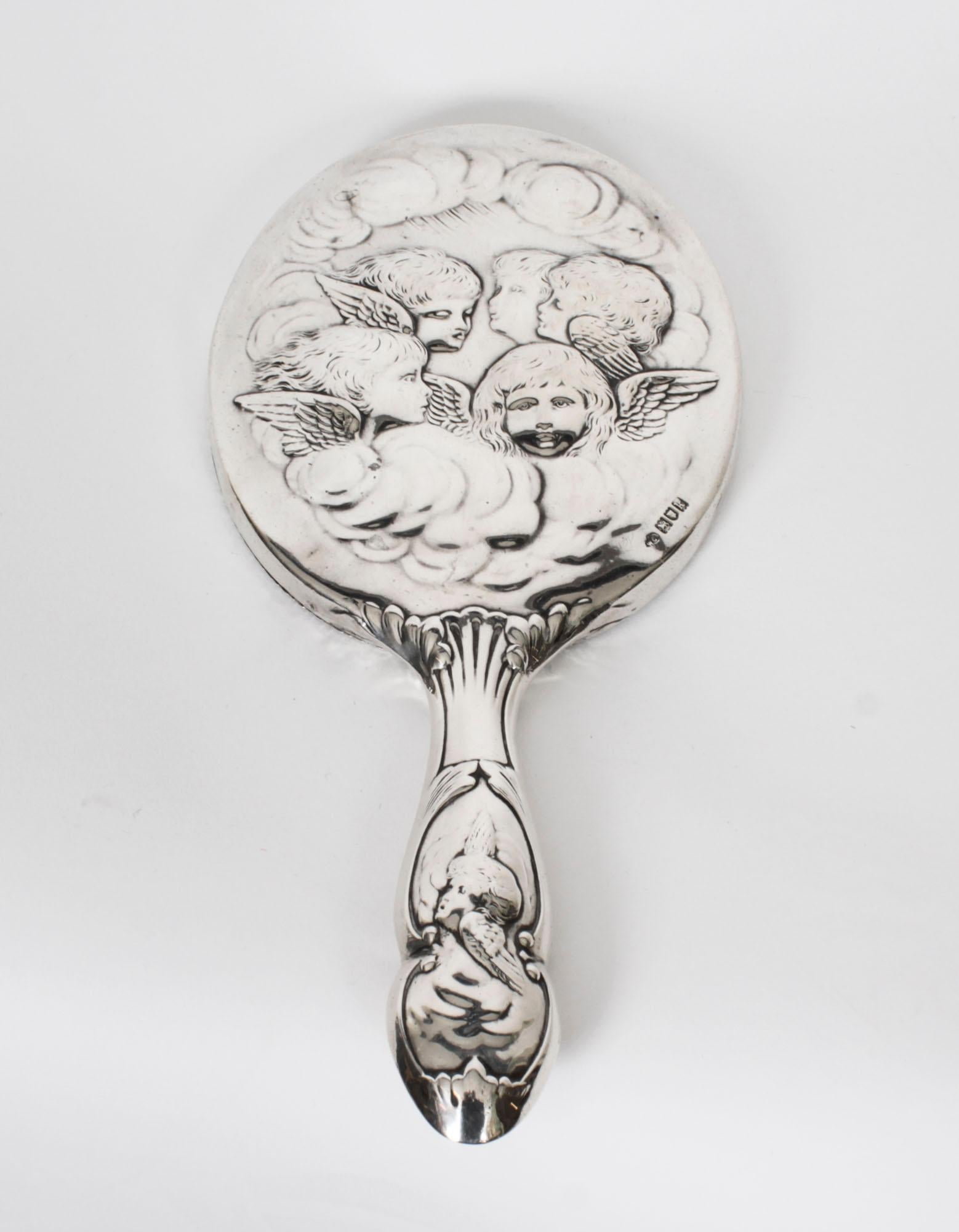 Antique miroir à main chérubins en argent sterling 1905 William Comyns & Sons en vente 9