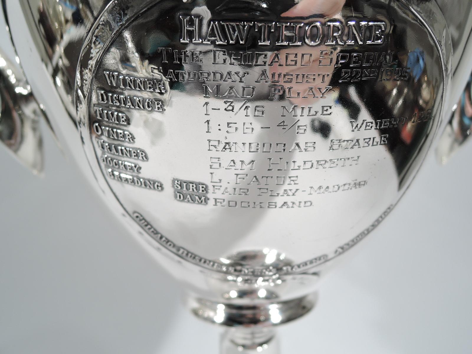 Antique Sterling Silver Chicago Hawthorne Horse Race Trophy Cup In Excellent Condition In New York, NY