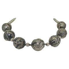 Antike chinesische Drachen-Kugel-Perlenkette aus Sterlingsilber