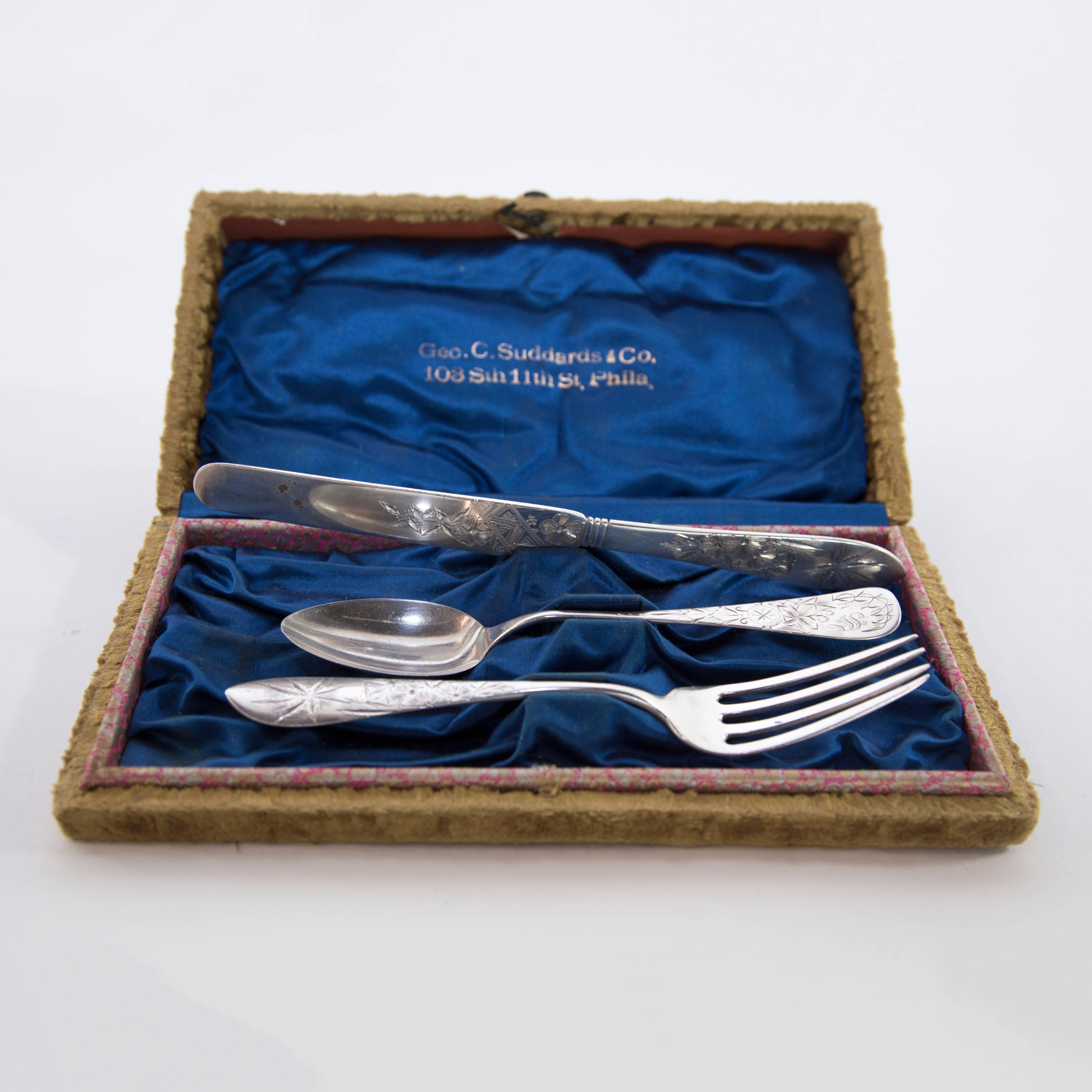 Mid-Century Modern Antique Sterling Silver Christening Cutlery Set Boxed