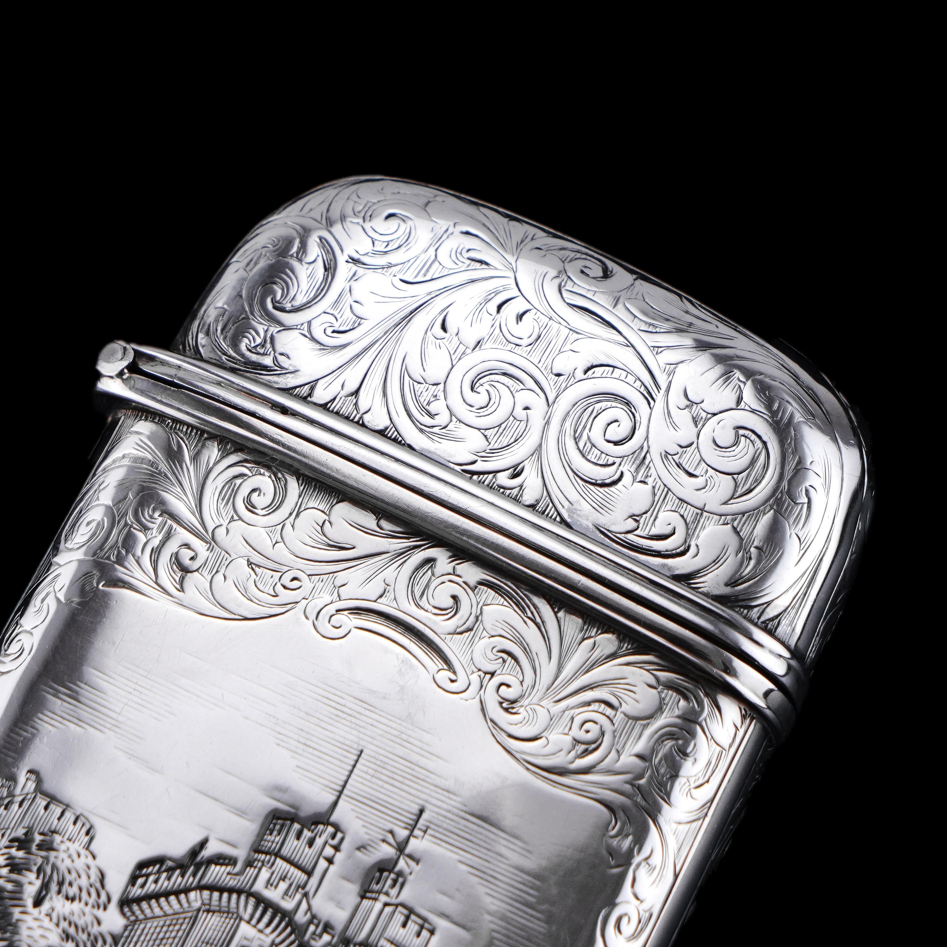 Antique Sterling Silver Cigar Case Victorian Castle Top Kenilworth Castle 1844 For Sale 6