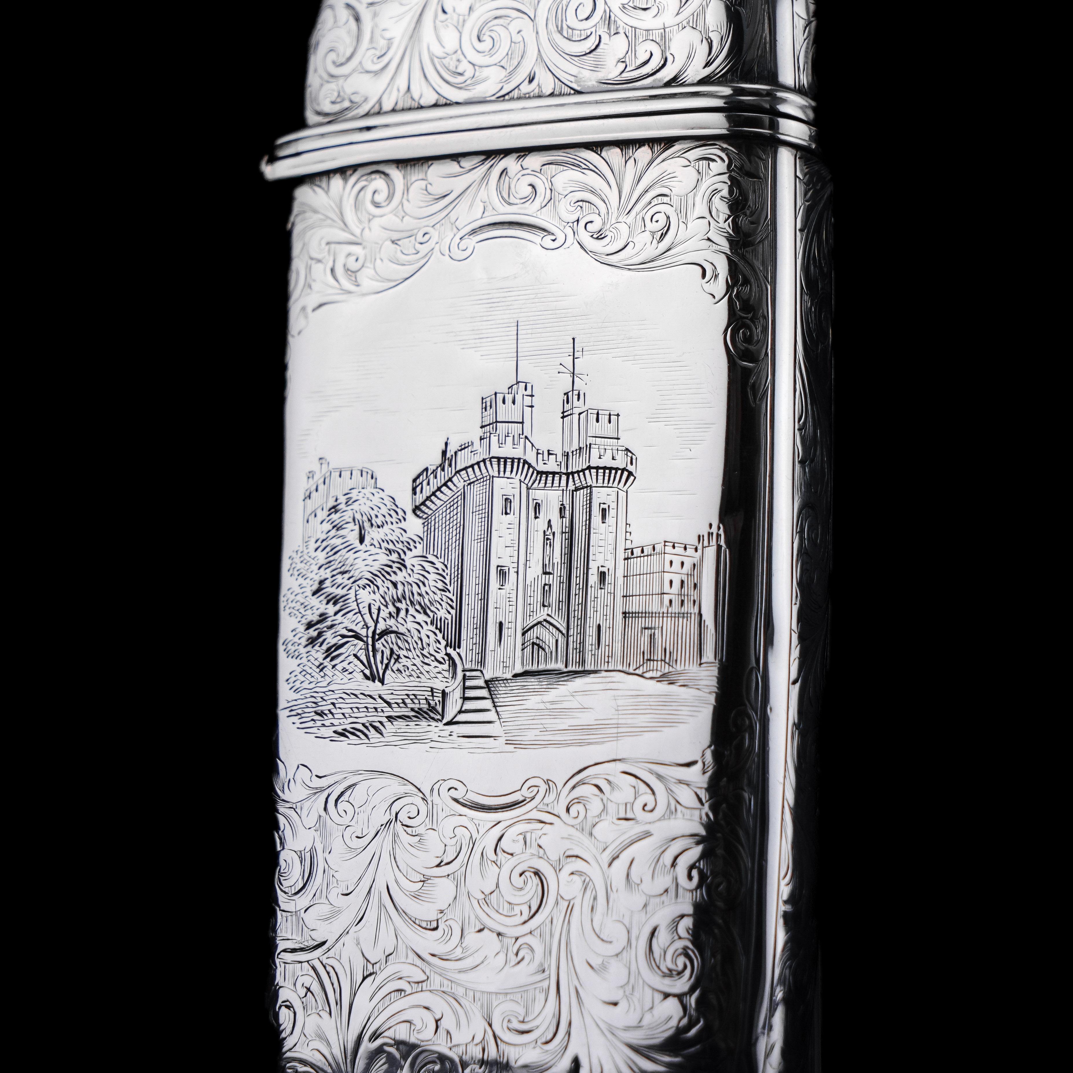 Antikes viktorianisches Zigarrenetui aus Sterlingsilber mit viktorianischem Schlossaufsatz Kenilworth Castle 1844 im Angebot 8
