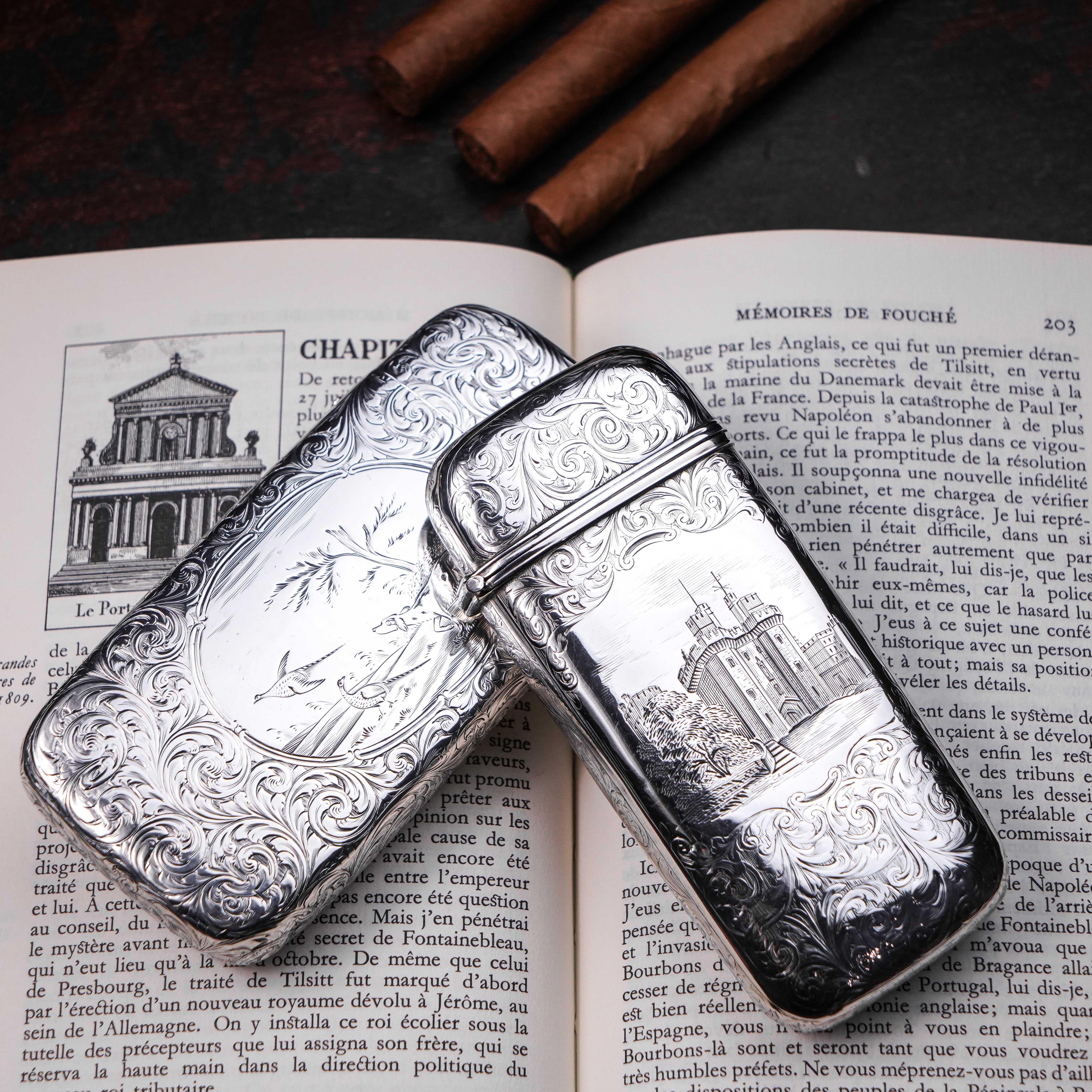 Antique Sterling Silver Cigar Case Victorian Castle Top Kenilworth Castle 1844 For Sale 14