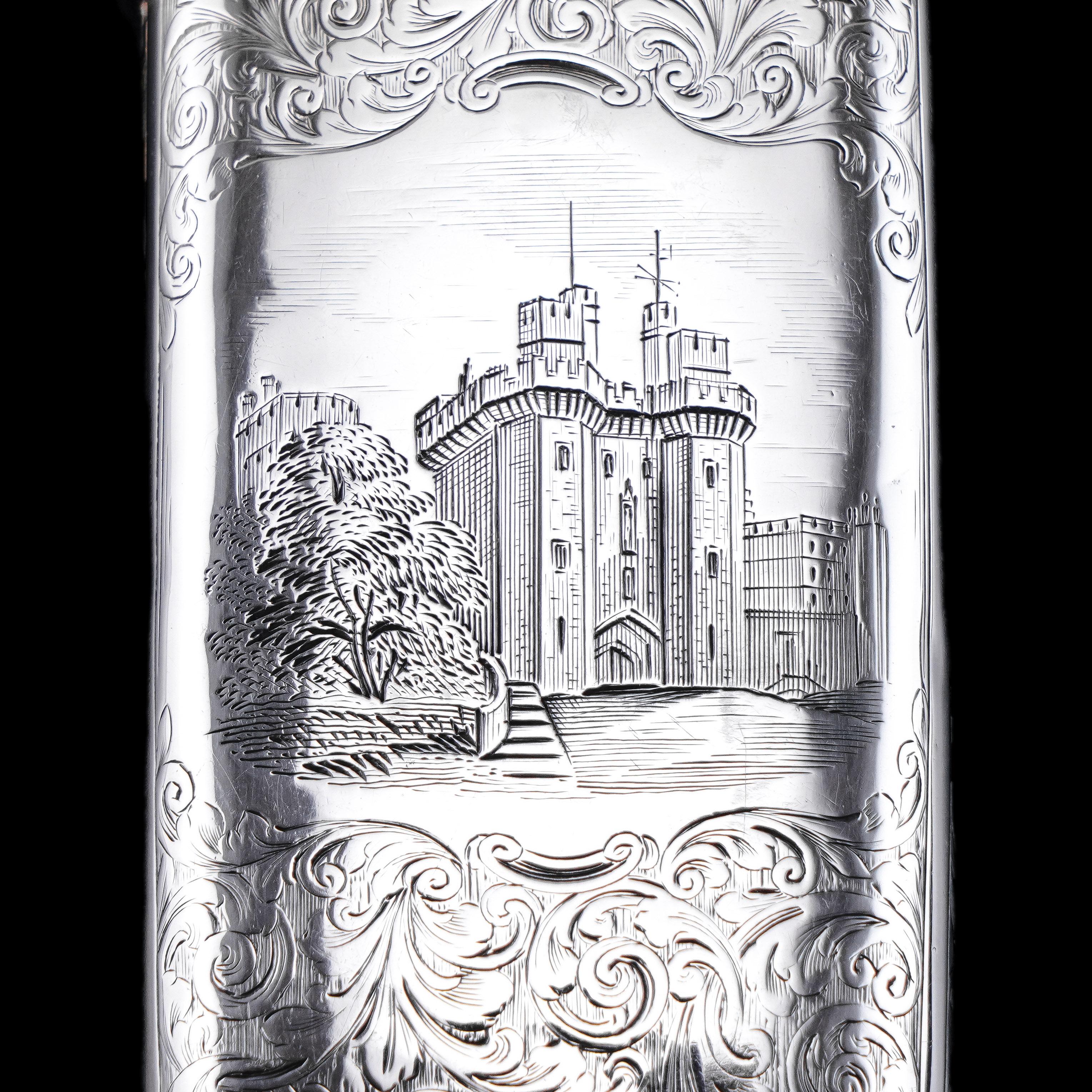 Antikes viktorianisches Zigarrenetui aus Sterlingsilber mit viktorianischem Schlossaufsatz Kenilworth Castle 1844 im Zustand „Gut“ im Angebot in London, GB