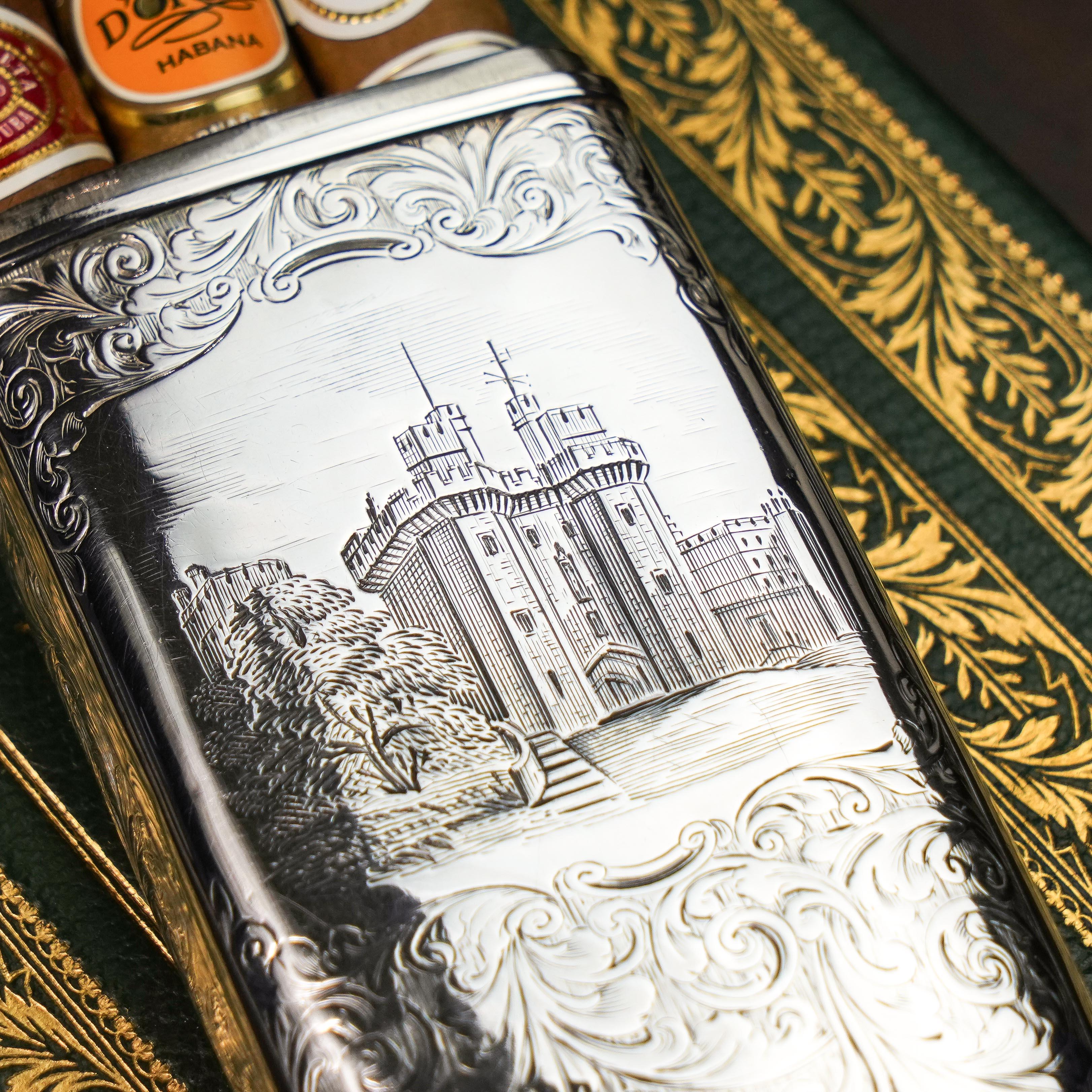 Antique Sterling Silver Cigar Case Victorian Castle Top Kenilworth Castle 1844 For Sale 2