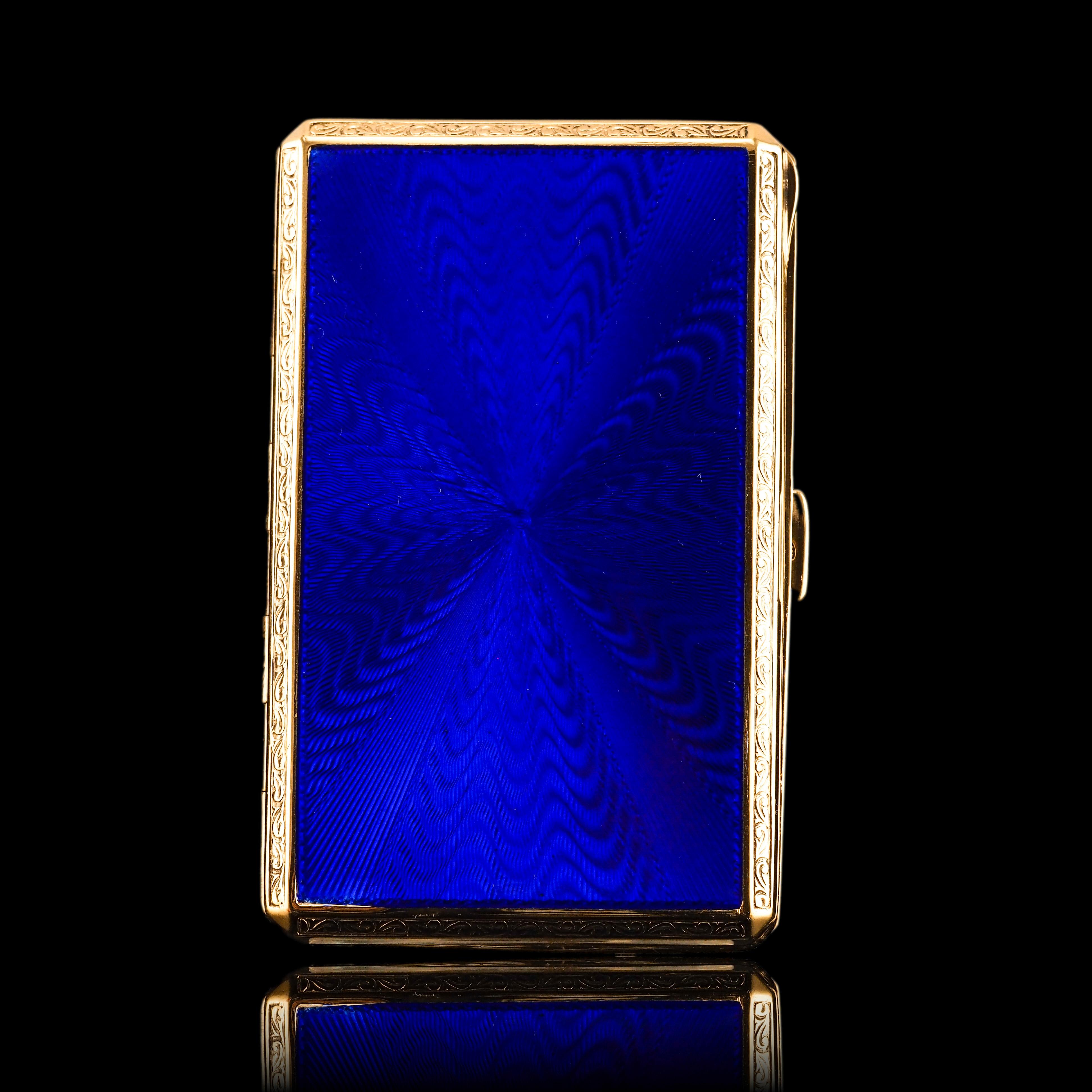 Antique Sterling Silver Cigarette Case with Silver Gilt Blue Guilloche Enamel 10