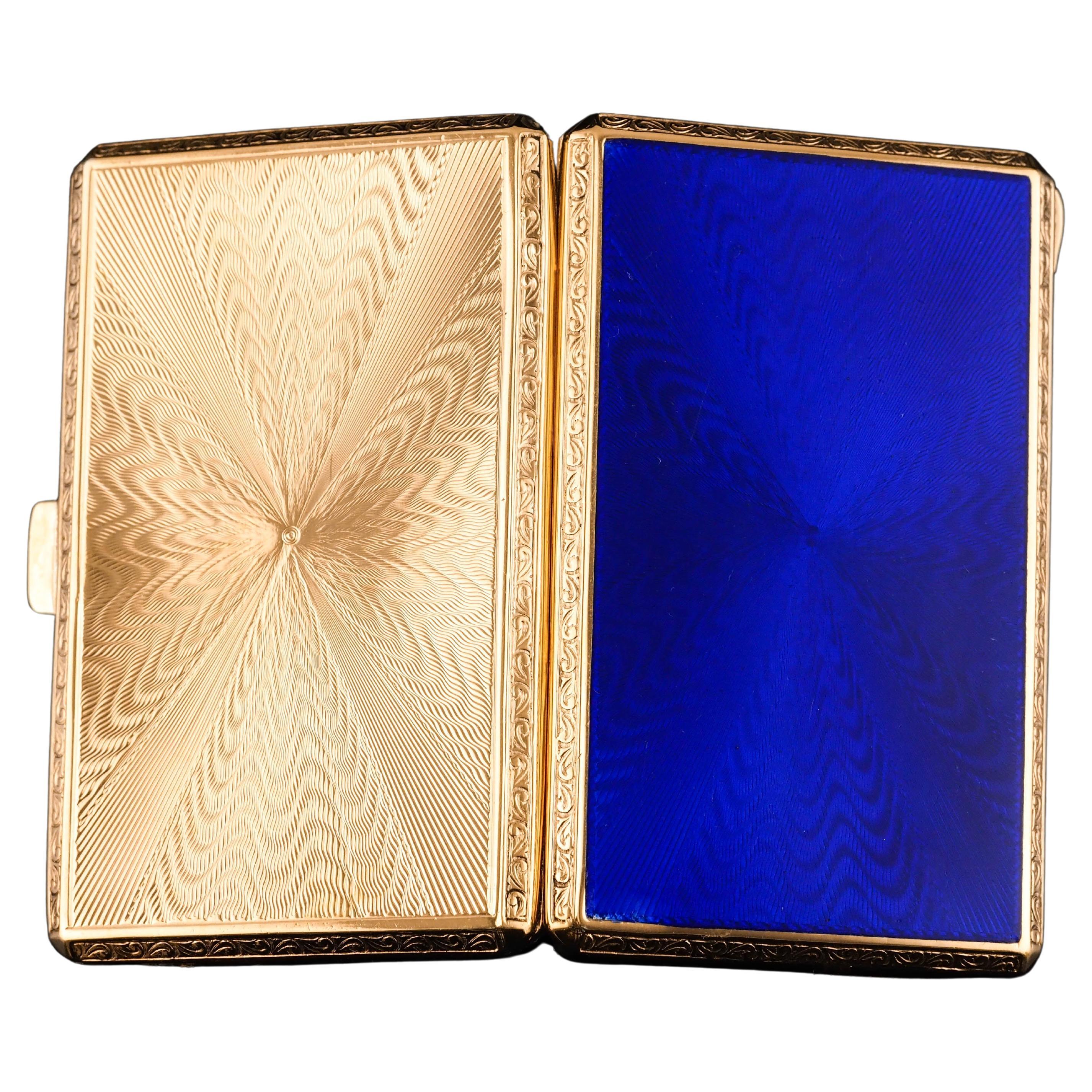 Antique Sterling Silver Cigarette Case with Silver Gilt Blue Guilloche Enamel