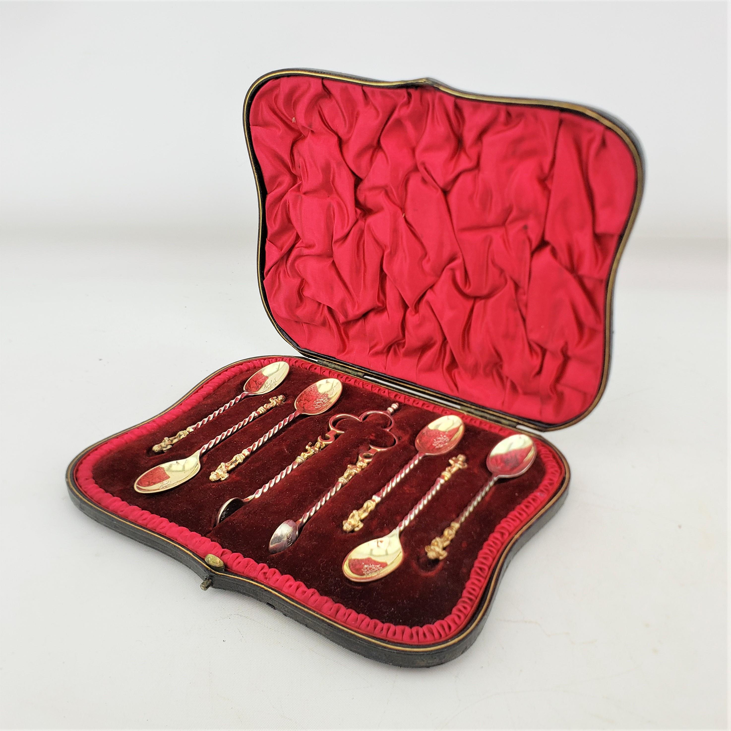 Edwardian Antique Sterling Silver Coffee or Tea Spoon Set with Figural Handles & Case For Sale