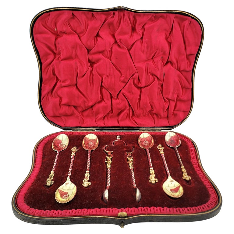 Antique Sterling Silver Coffee or Tea Spoon Set with Figural Handles and Case For Sale at 1stDibs