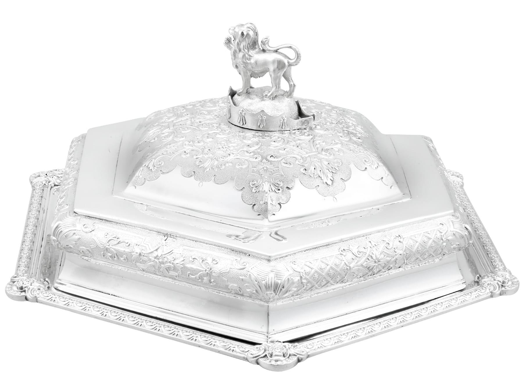 A magnificent, fine and impressive antique Victorian English sterling silver serving dish with cover made by Robert Garrard II; an addition to dining silverware collection

This magnificent antique Victorian sterling silver dish has a rounded