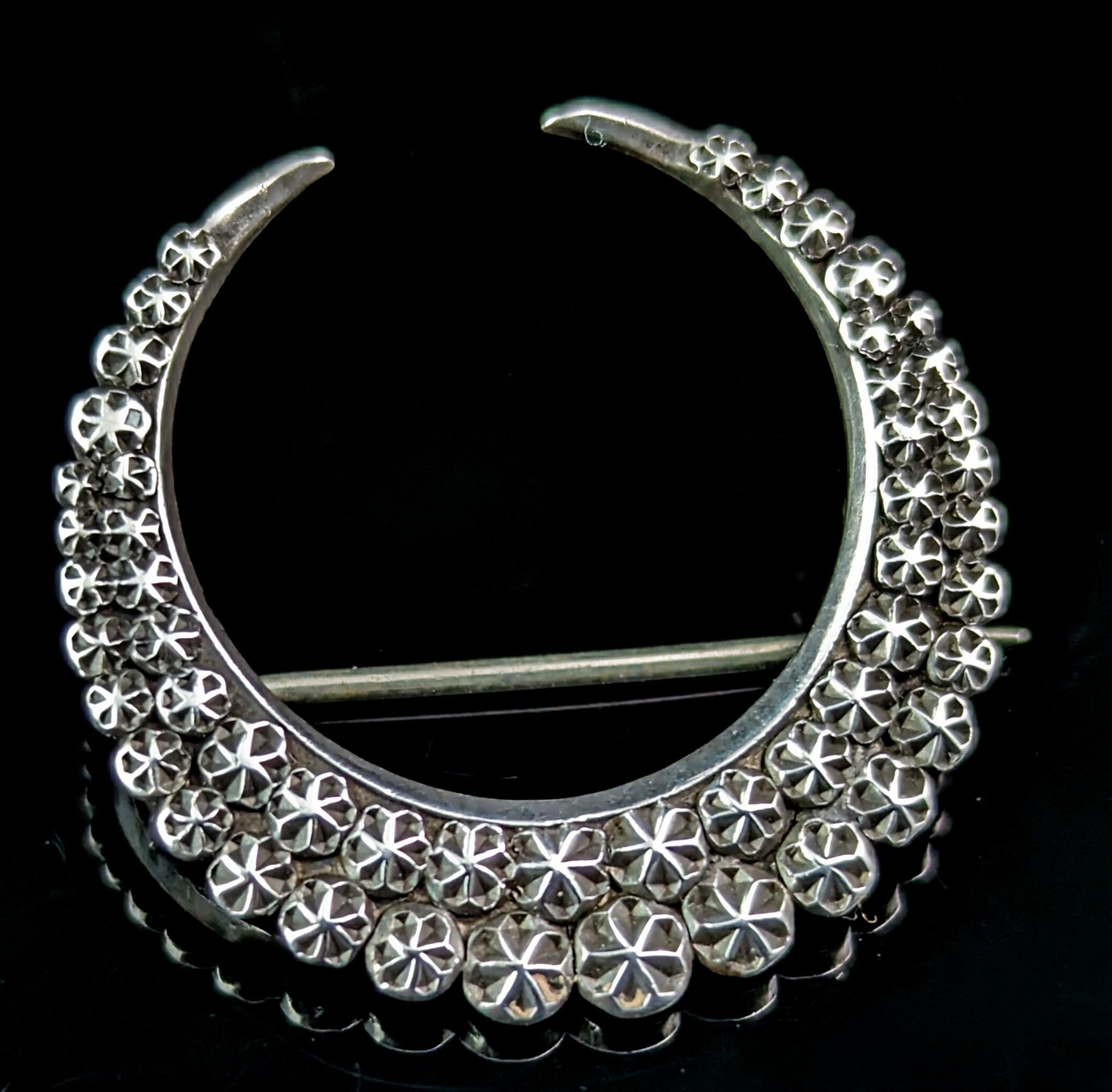Women's or Men's Antique sterling silver Crescent moon brooch, Charles Horner 