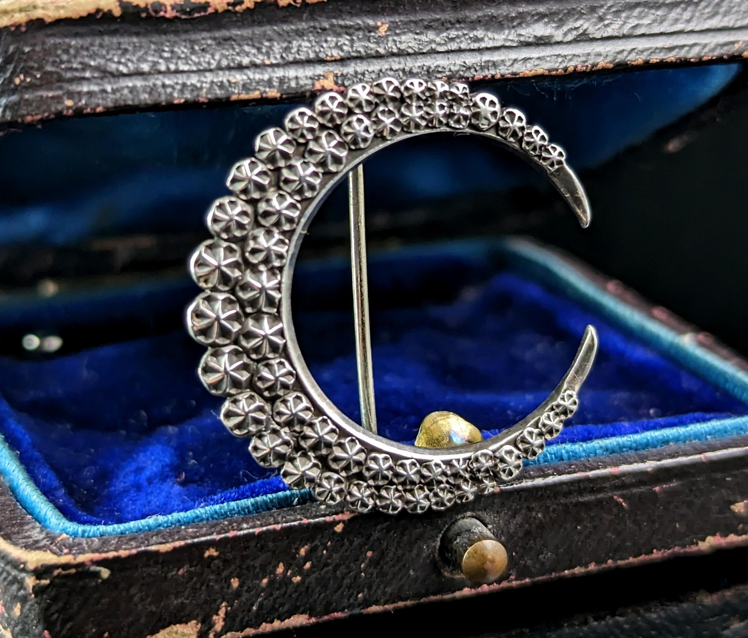 Antique sterling silver Crescent moon brooch, Charles Horner  2