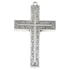 Antique Sterling silver cross pendant, large, engraved 