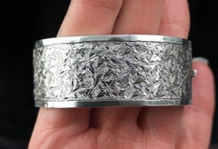 Antique sterling silver cuff bangle, Ivy engraved