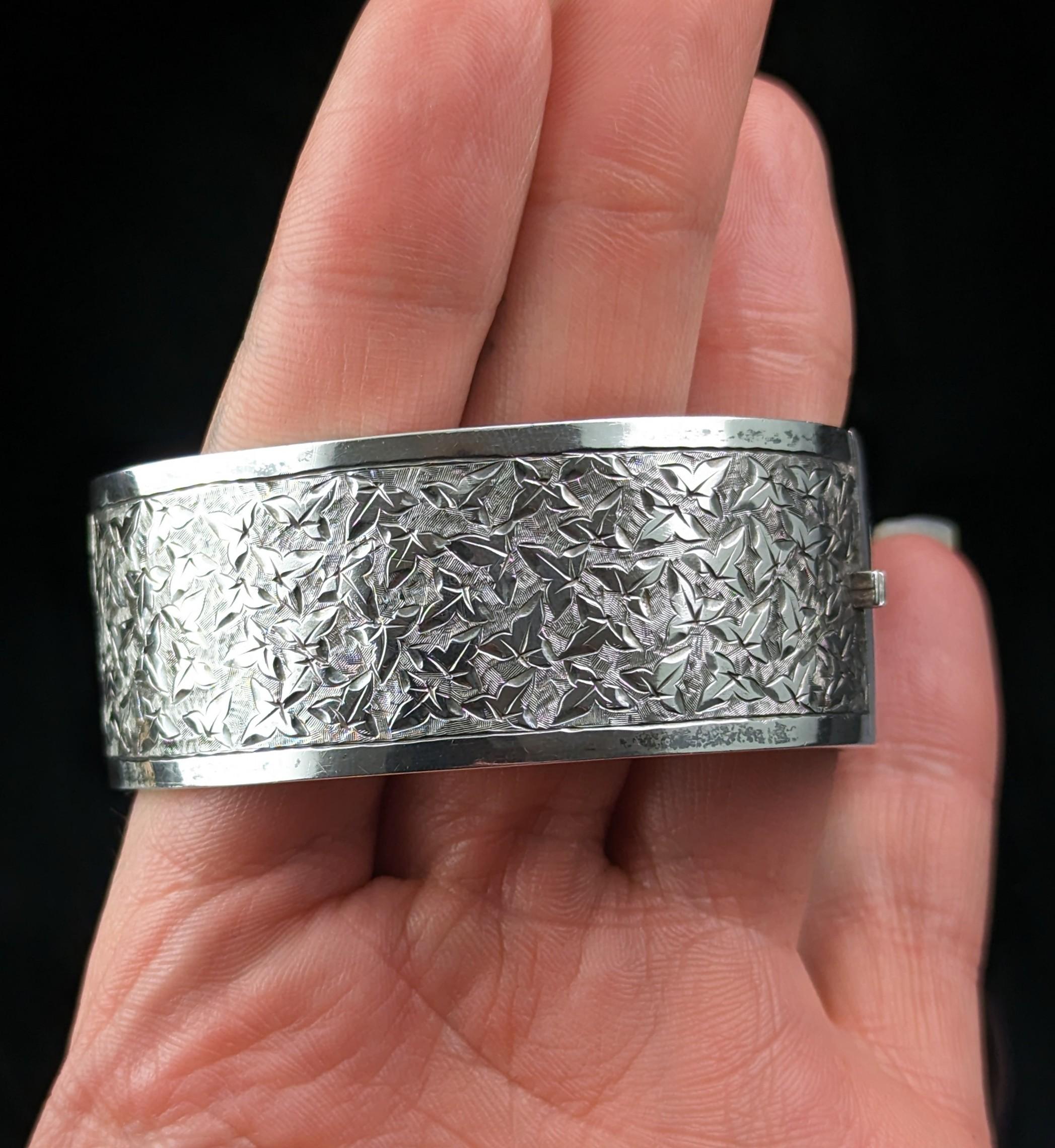Victorian Antique sterling silver cuff bangle, Ivy engraved  For Sale