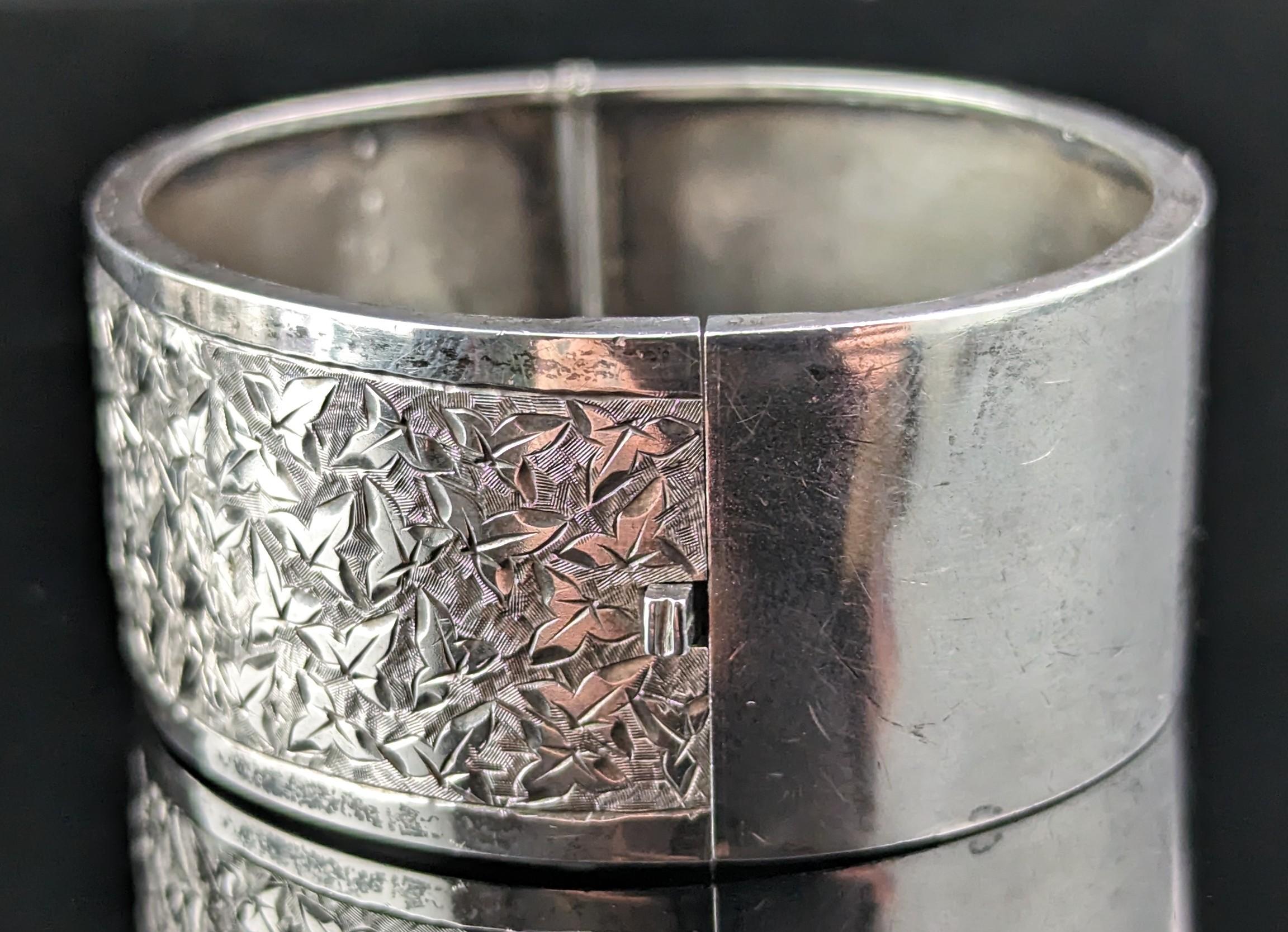 Women's Antique sterling silver cuff bangle, Ivy engraved  For Sale