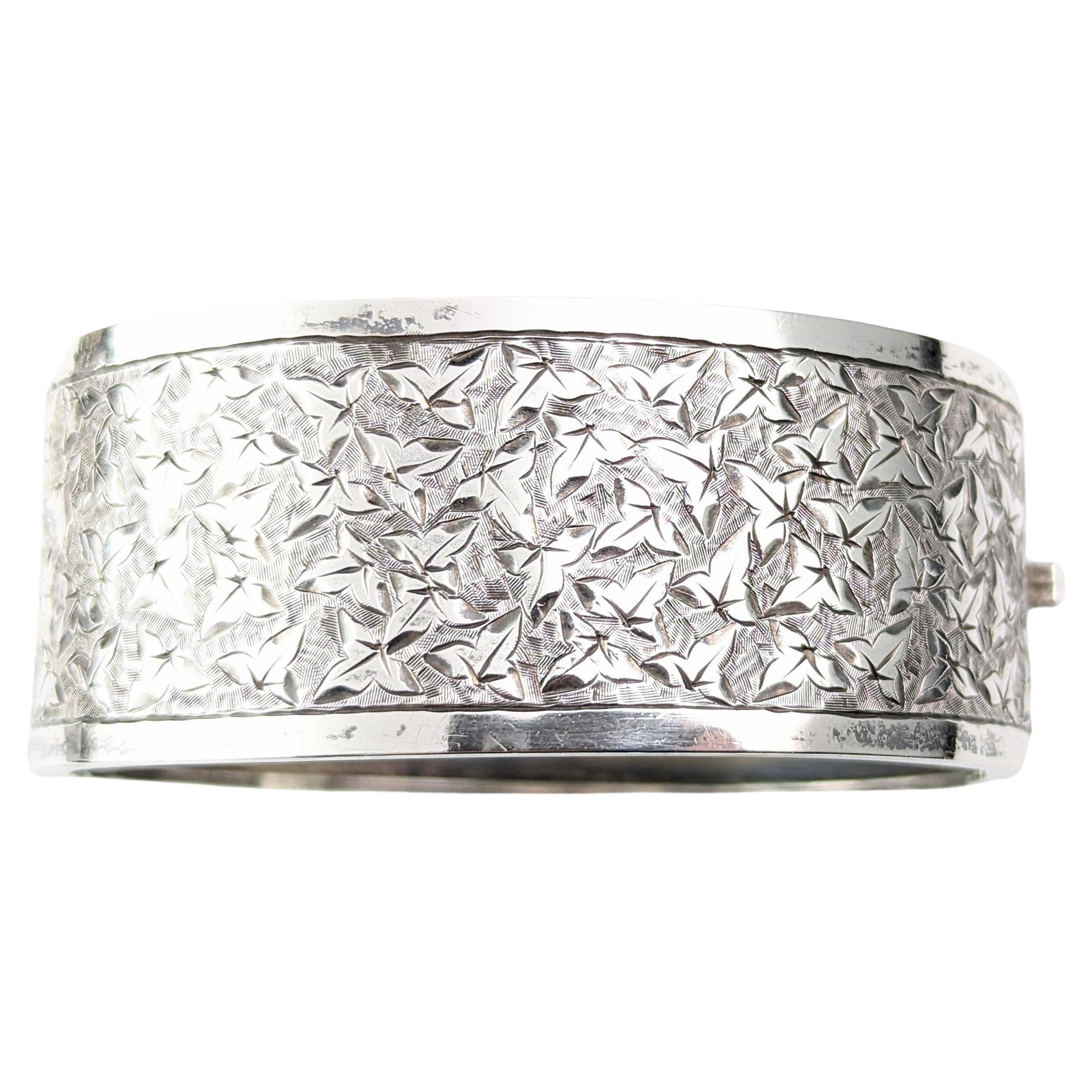 Antique sterling silver cuff bangle, Ivy engraved