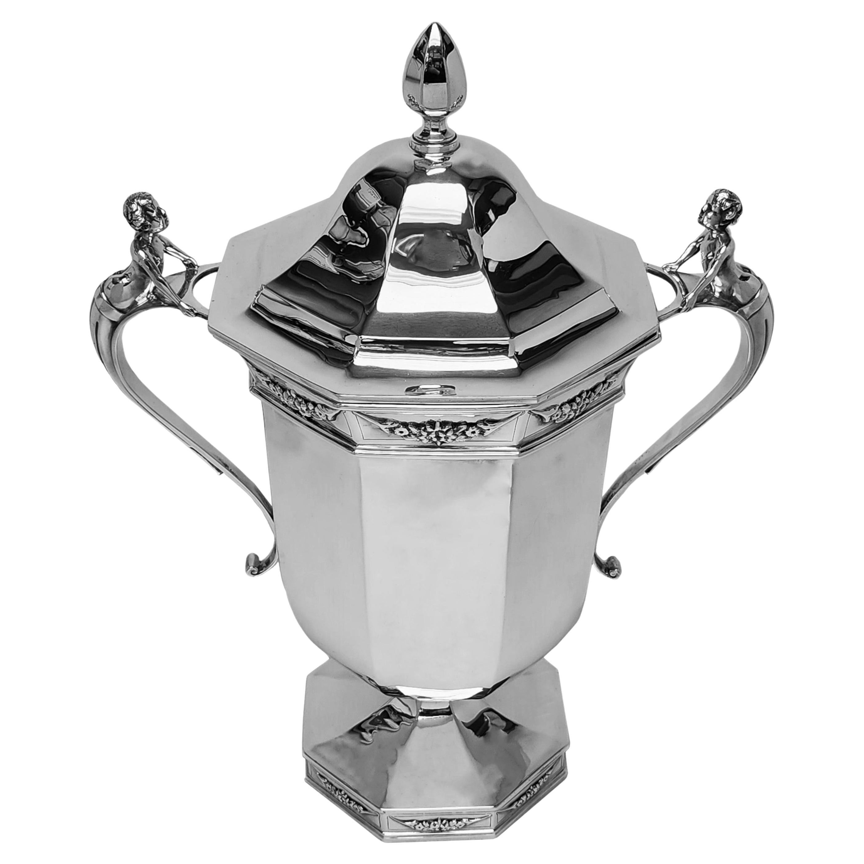 Antique Sterling Silver Cup & Cover Lidded Trophy Wine Cooler 1910 For Sale