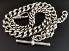 Antique Sterling Silver Curb Link Albert Chain, Watch Chain, Heavy, Victorian