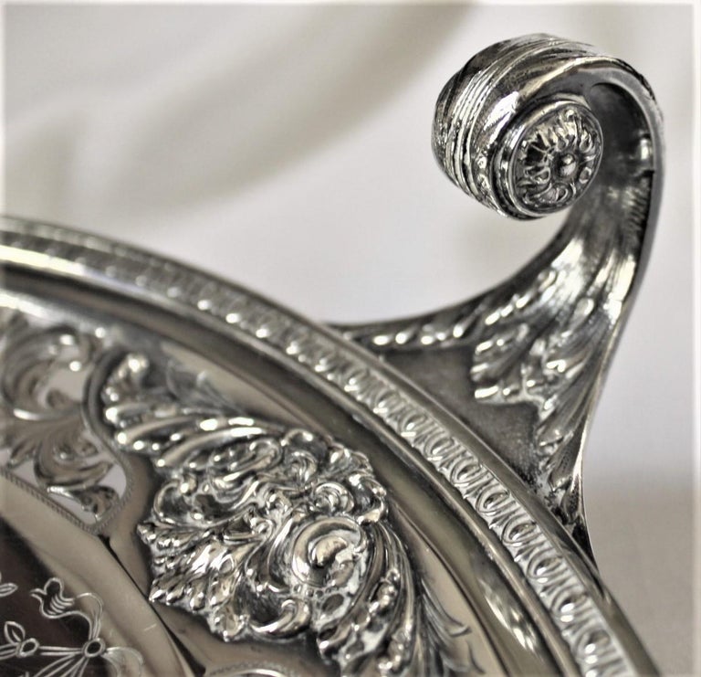 Antique Sterling Silver Curled Handle & Ornately Engraved Centerpiece Bowl For Sale 3