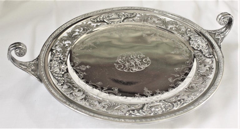 Neoclassical Antique Sterling Silver Curled Handle & Ornately Engraved Centerpiece Bowl For Sale