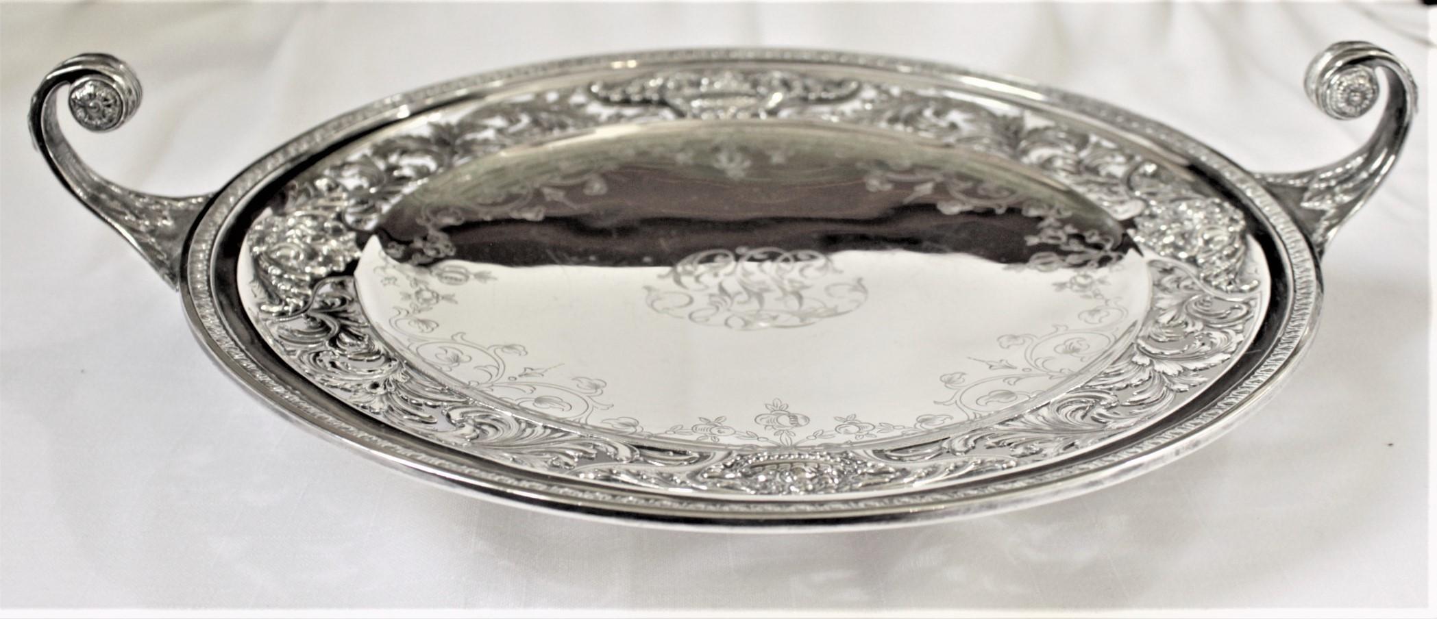American Antique Sterling Silver Curled Handle & Ornately Engraved Centerpiece Bowl For Sale