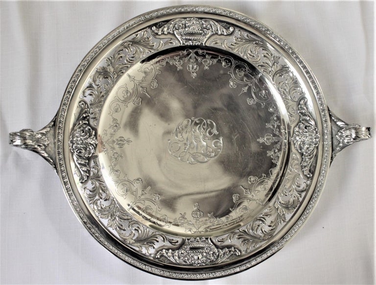 Hand-Crafted Antique Sterling Silver Curled Handle & Ornately Engraved Centerpiece Bowl For Sale