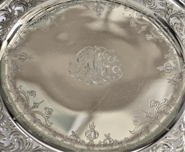 20th Century Antique Sterling Silver Curled Handle & Ornately Engraved Centerpiece Bowl For Sale