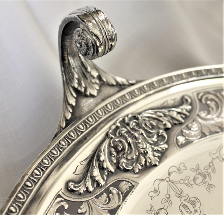 Antique Sterling Silver Curled Handle & Ornately Engraved Centerpiece Bowl For Sale 2