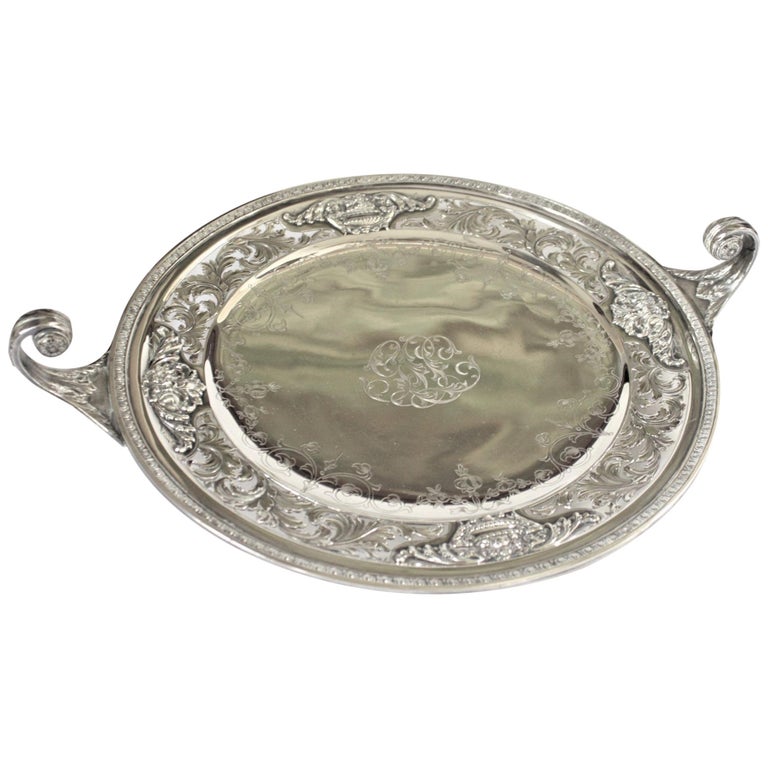 Antique Sterling Silver Curled Handle & Ornately Engraved Centerpiece Bowl For Sale